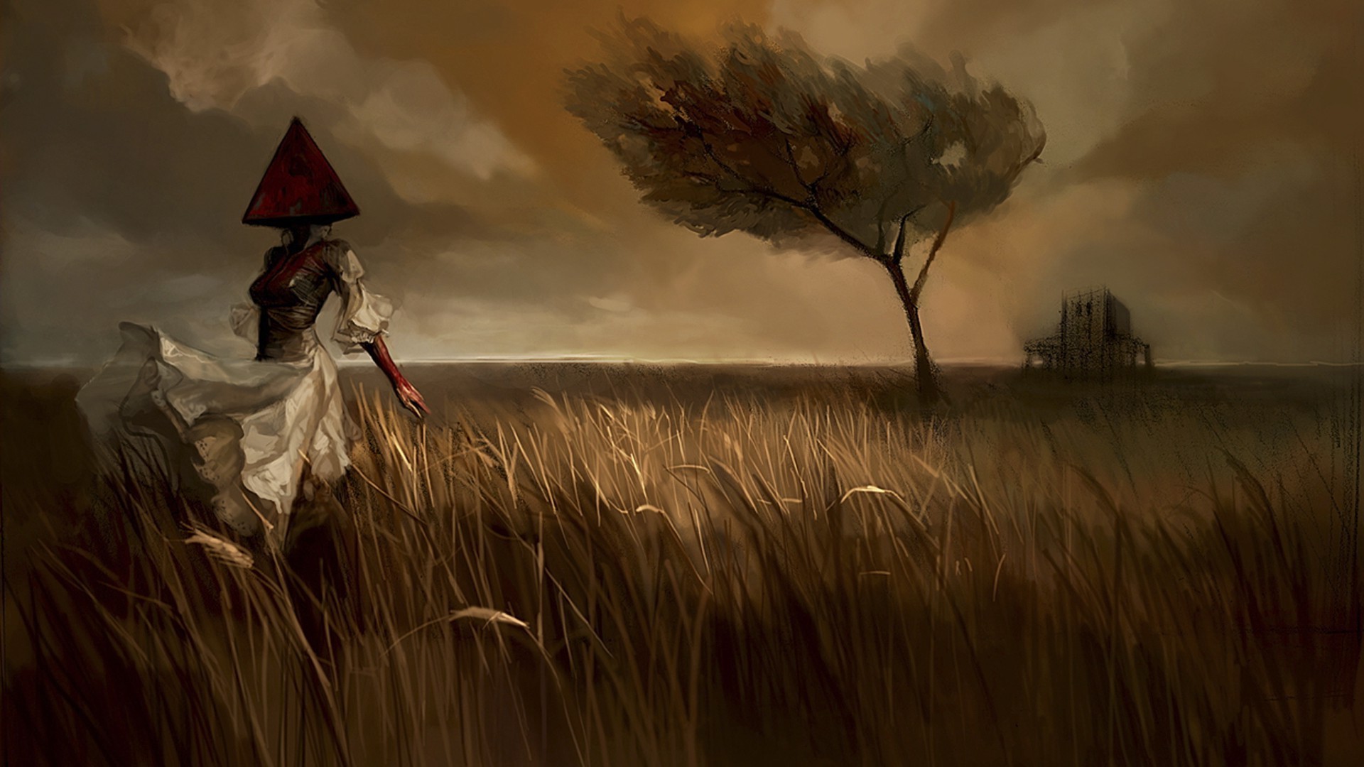 Woman with Pyramid Head in a Field HD Wallpaper