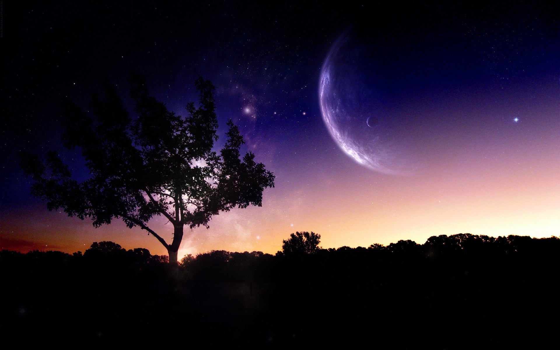 Digital art of a tree under a starry night sky with a large planet HD Wallpaper