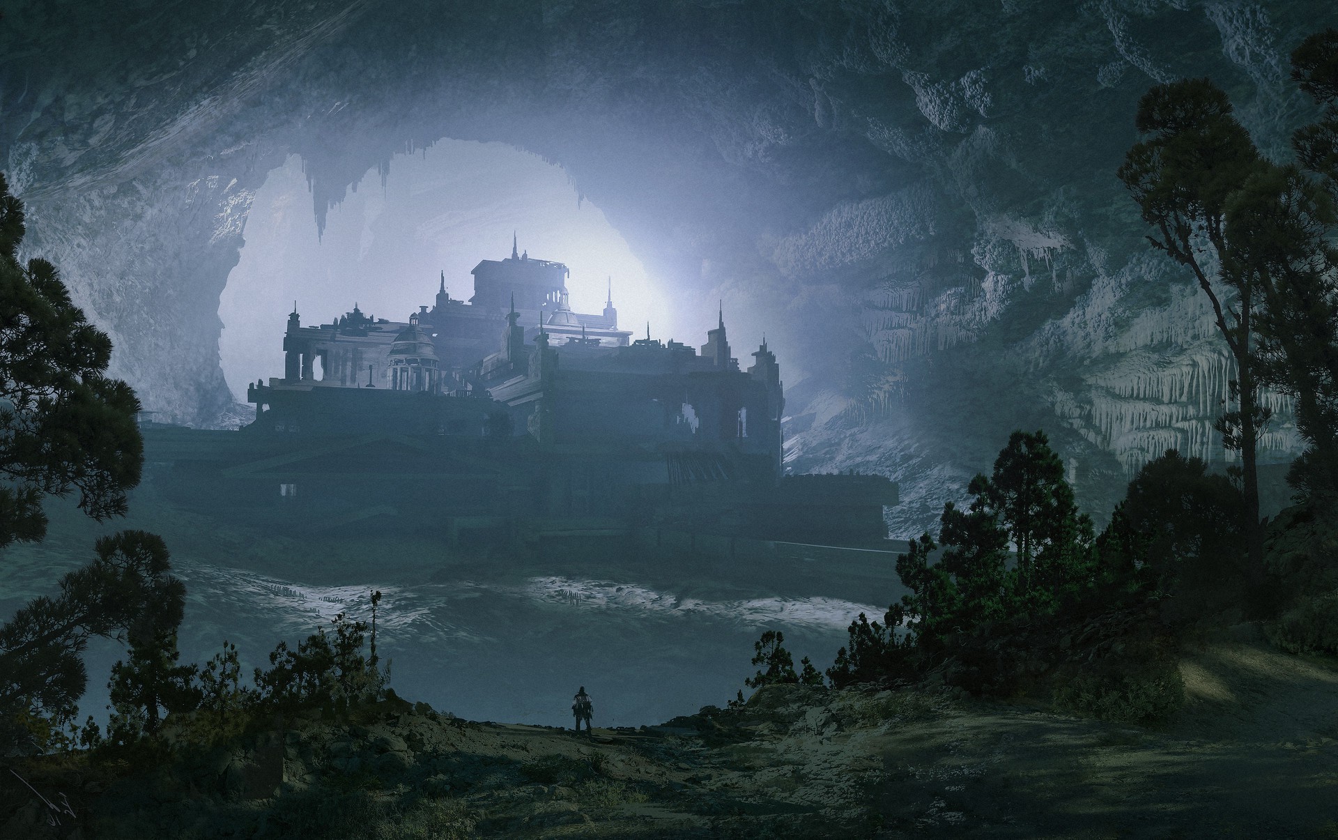 Fantasy castle in a misty cave with trees HD Wallpaper