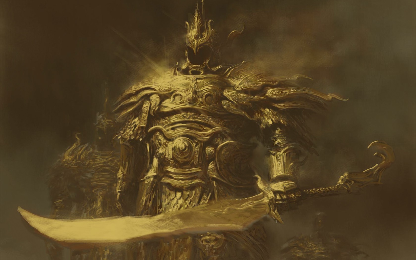 Golden armored warrior with a sword HD Wallpaper