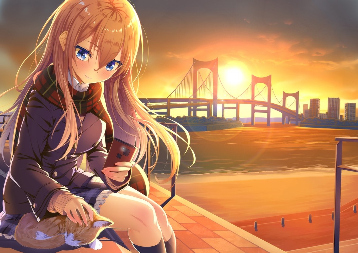 Anime girl with cat at sunset by the bridge HD Wallpaper