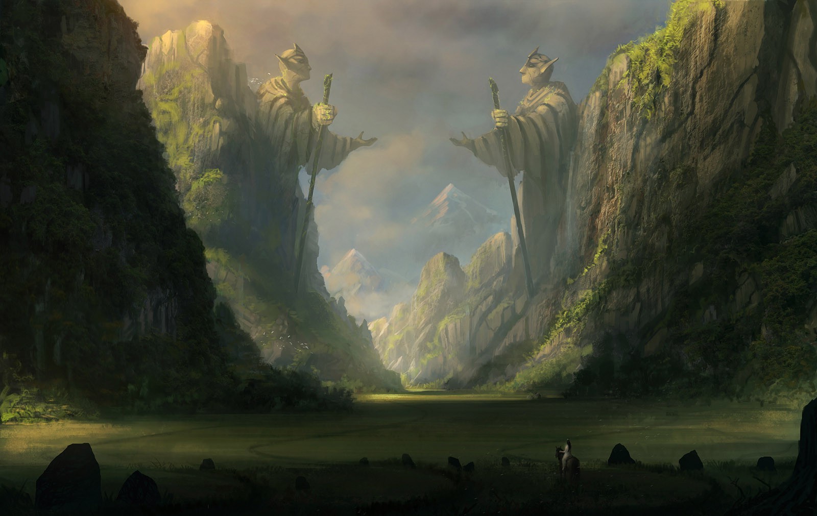 Fantasy valley with giant statues and mountains HD Wallpaper