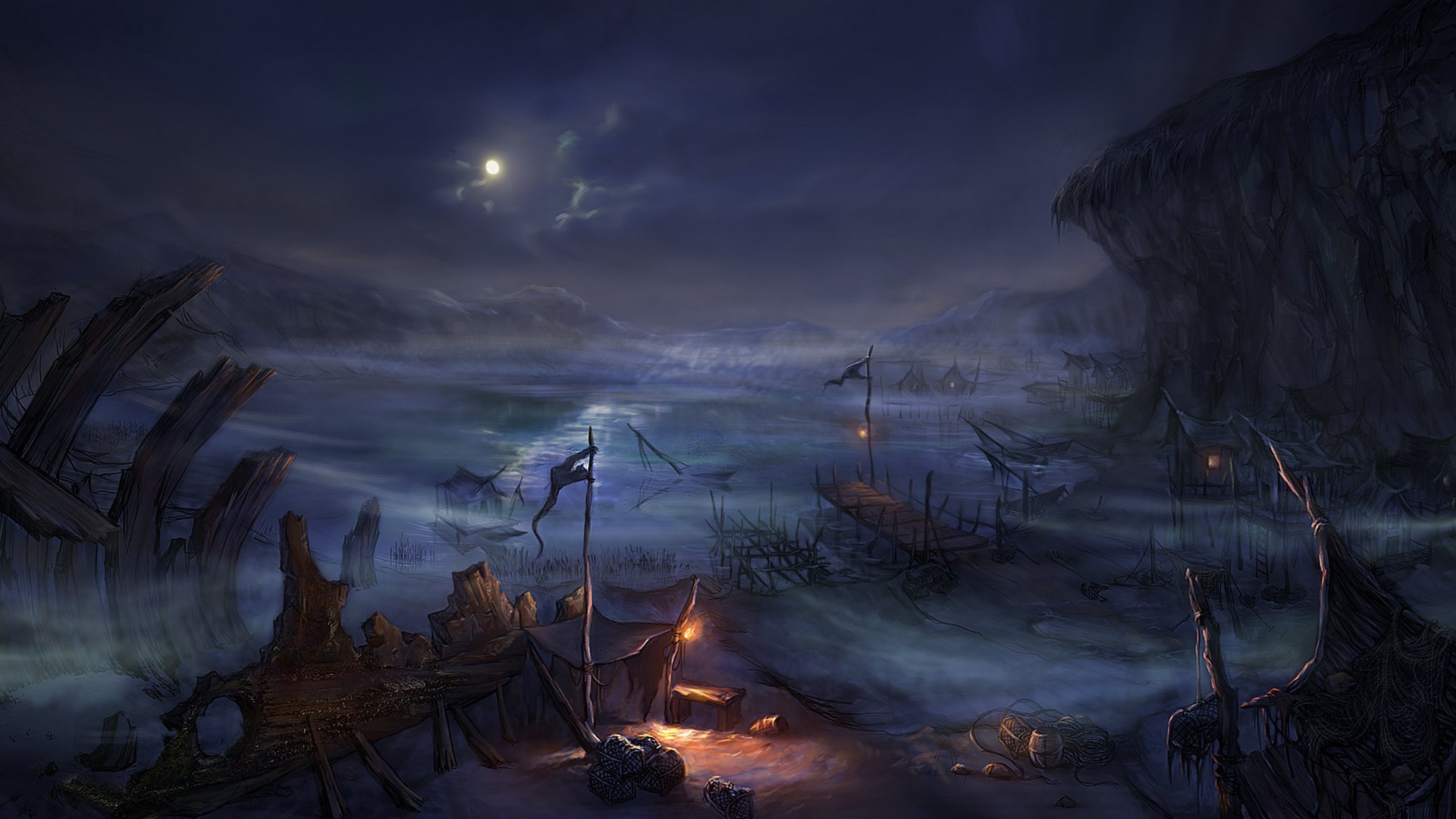Fantasy art illustration of a dark, misty harbor at night HD Wallpaper