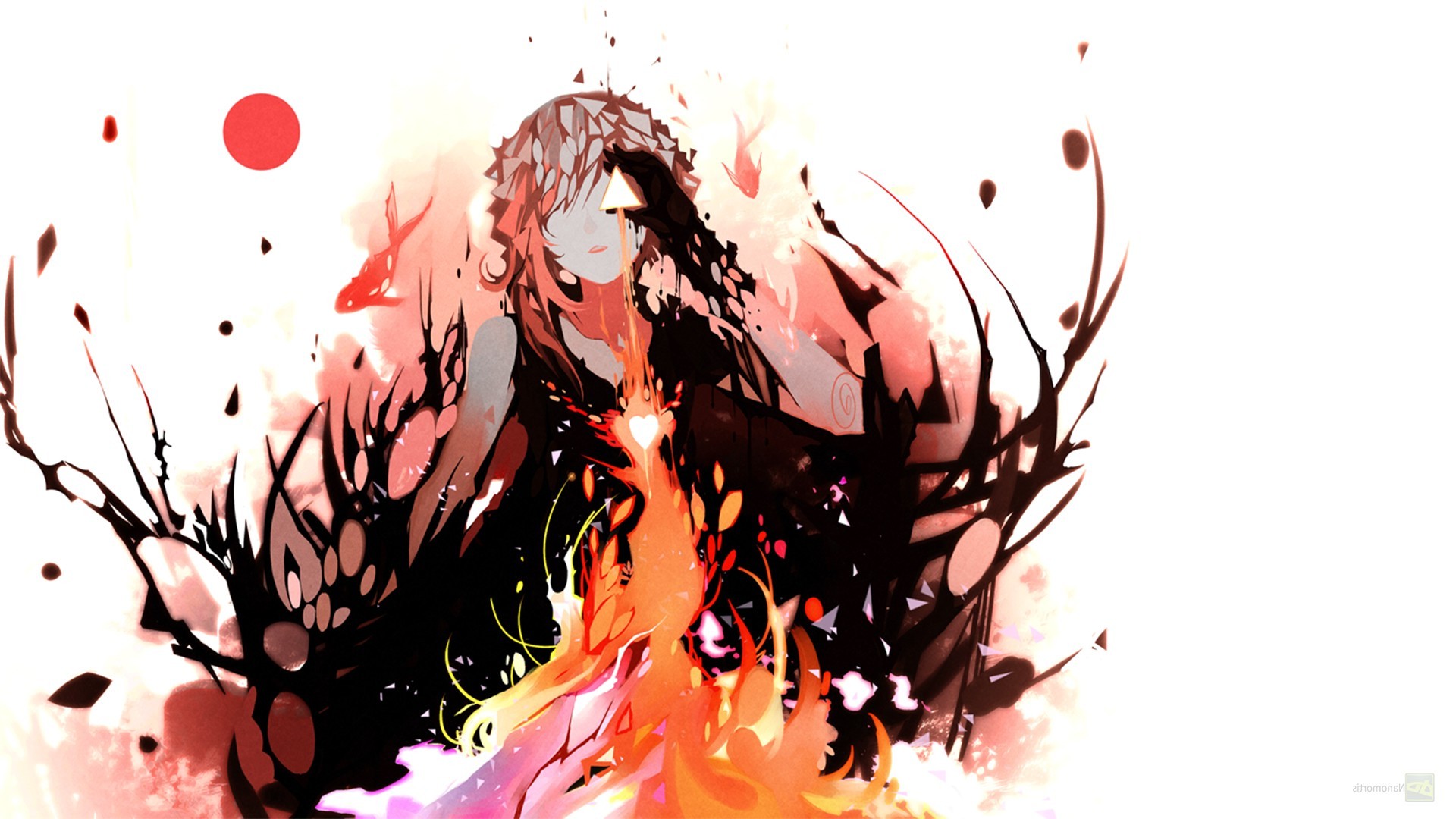 Anime girl with fiery aura and dark tendrils HD Wallpaper