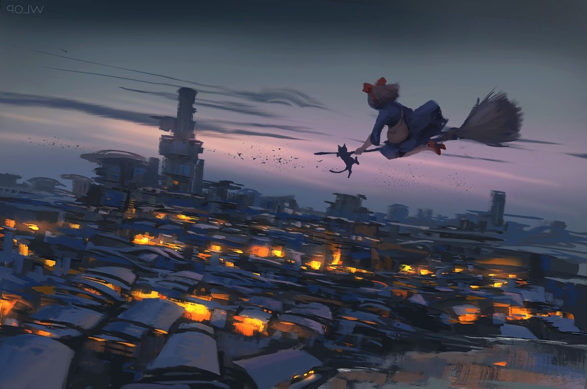 Kiki's Delivery Service witch flying over city at dusk HD Wallpaper