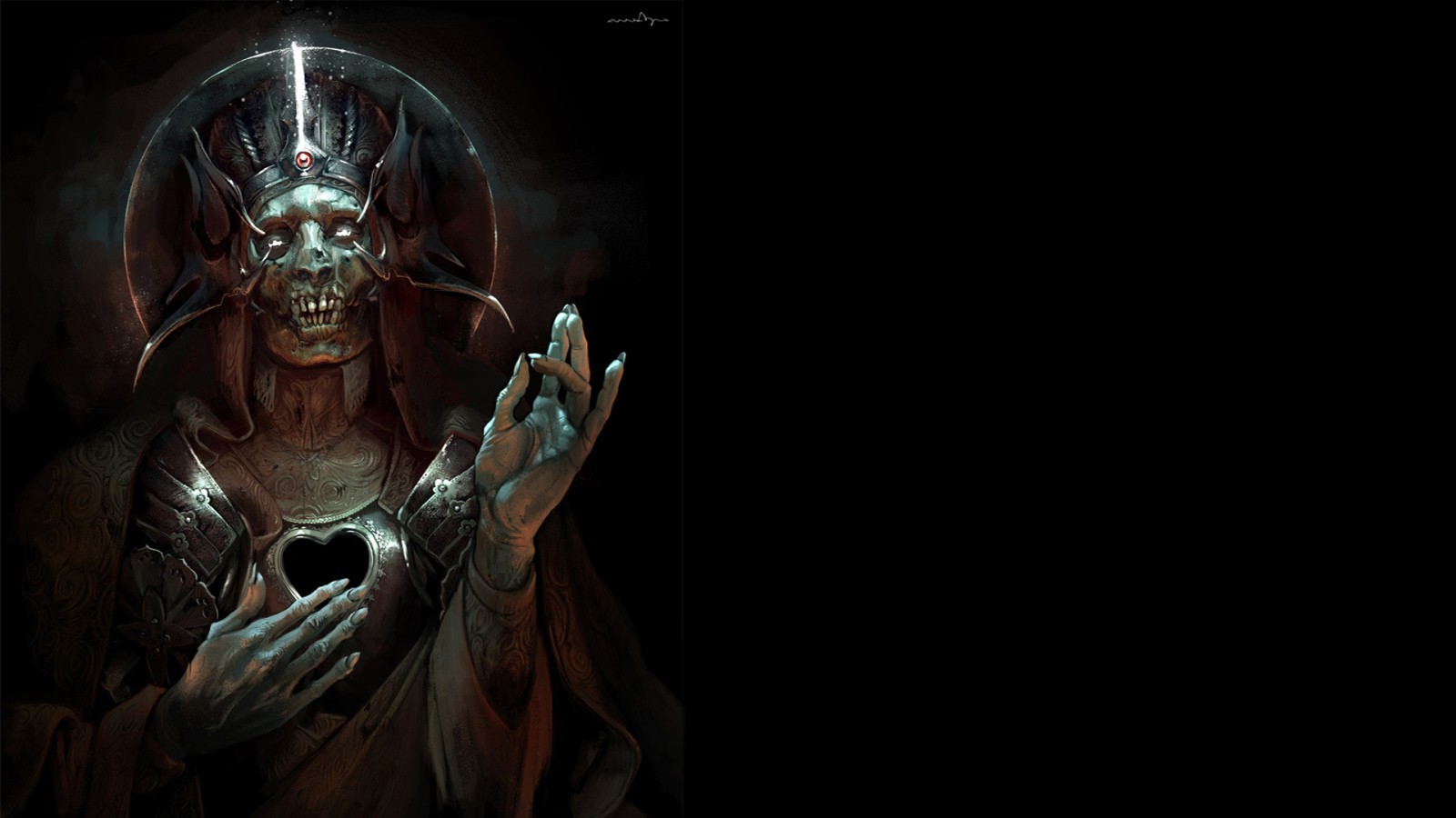 Artwork of a skeletal figure with a crown and heart-shaped void HD Wallpaper
