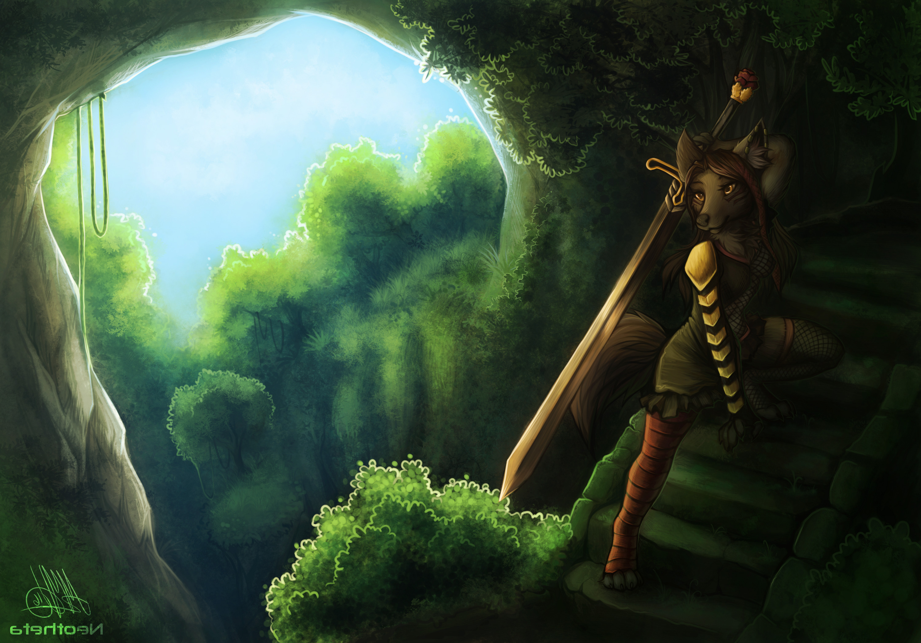 Anthro wolf warrior with sword in a forest cave HD Wallpaper