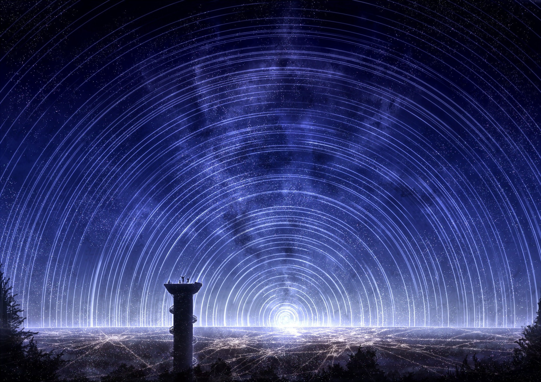 Fantasy art of star trails over a city at night HD Wallpaper