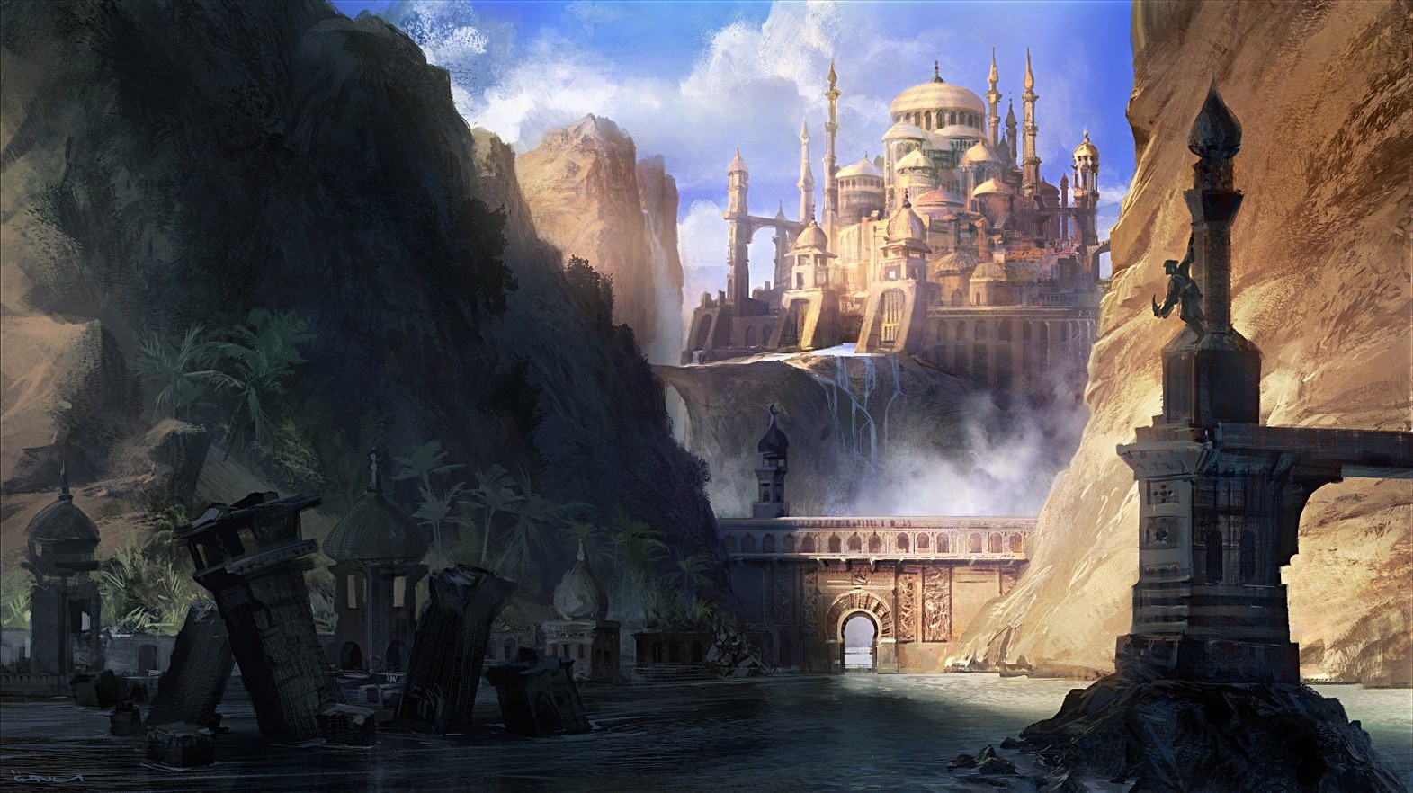 Fantasy castle ruins by a river with mountains HD Wallpaper