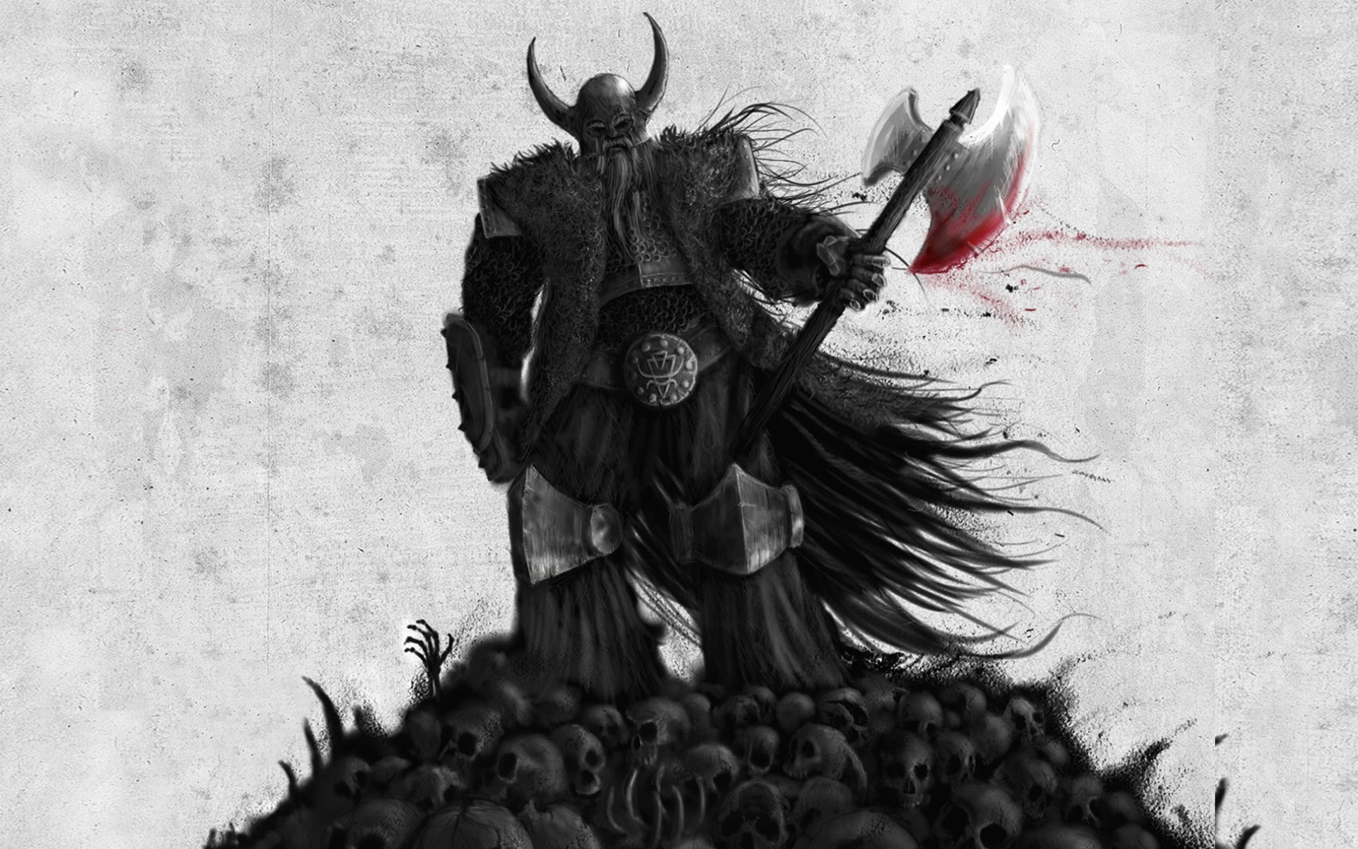 Viking warrior with bloody axe standing on skulls HD Wallpaper