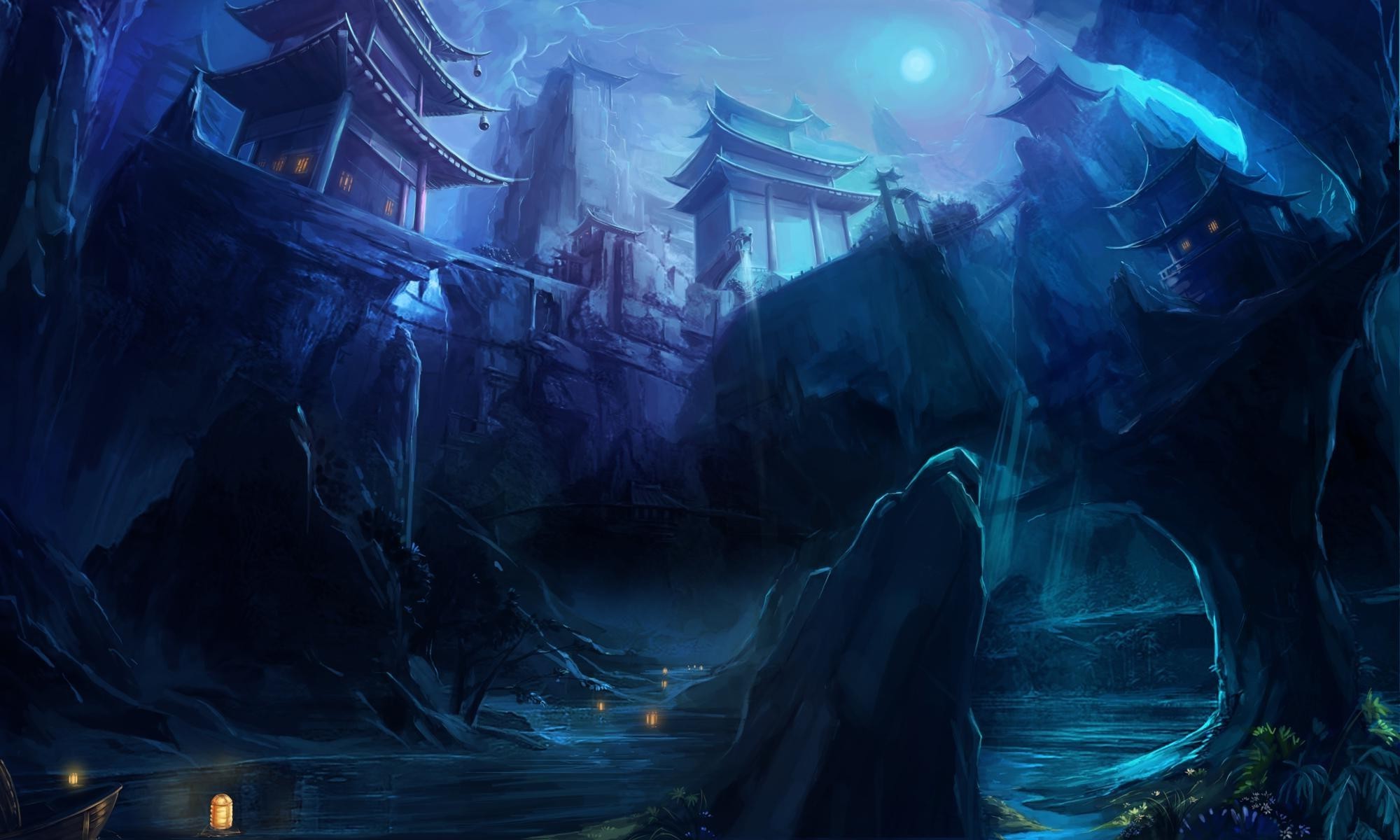 Fantasy temples on cliffs by moonlight HD Wallpaper