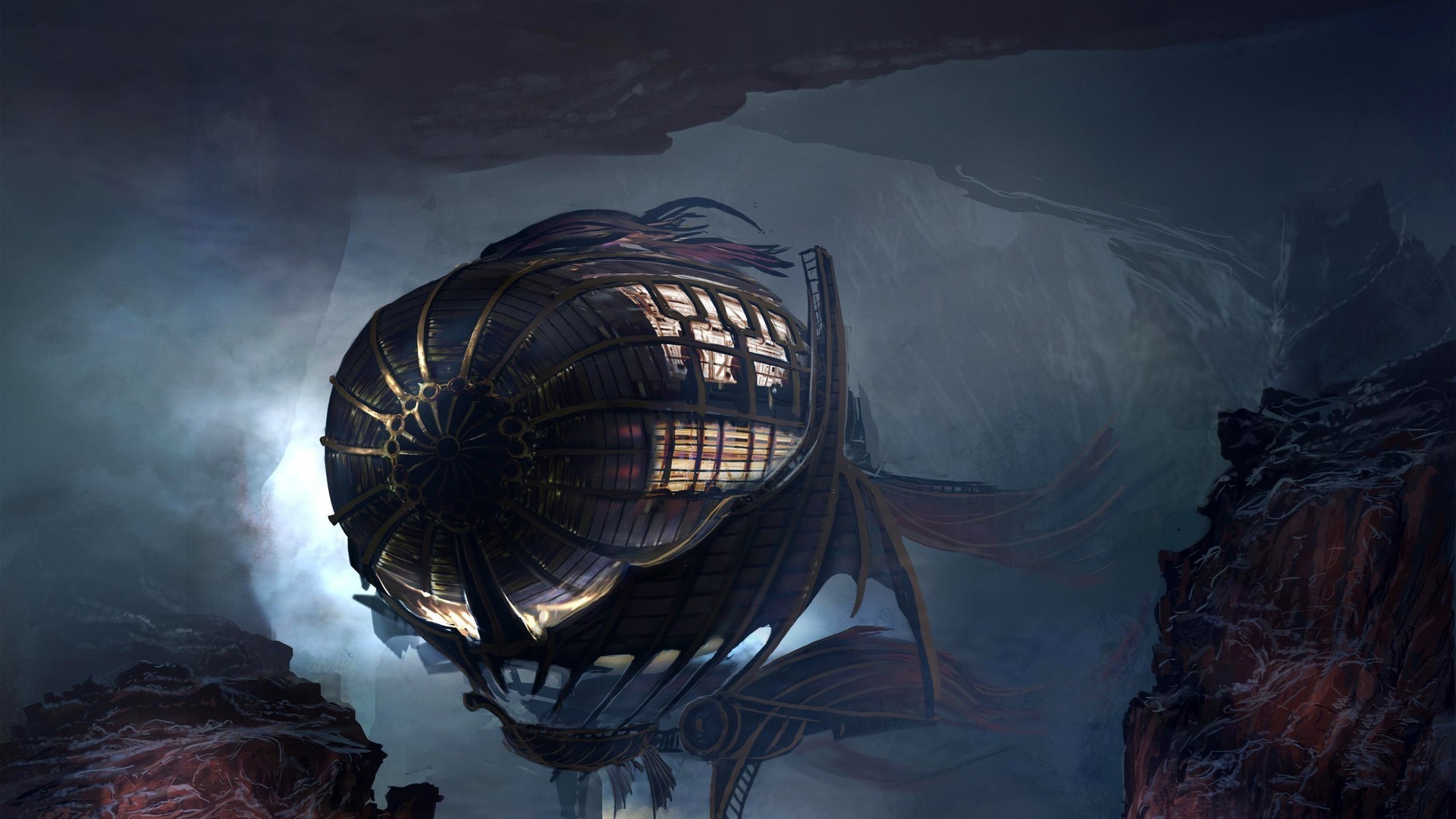 Steampunk Zeppelin in a Rocky Cave HD Wallpaper