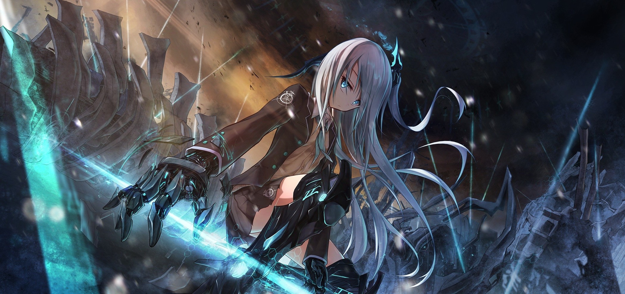 Anime girl with white hair and mecha armor HD Wallpaper