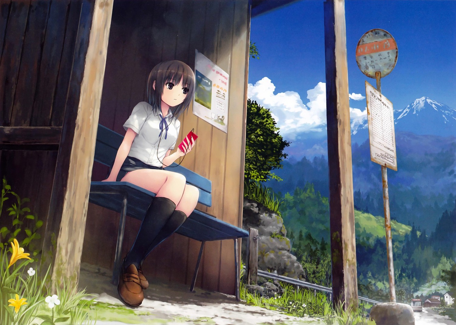 Anime girl with headphones at a bus stop HD Wallpaper