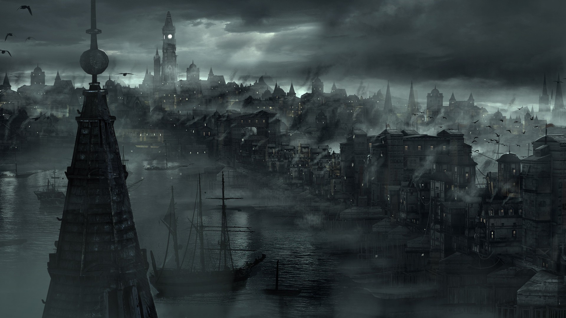 Dark, foggy cityscape with a river and boats HD Wallpaper