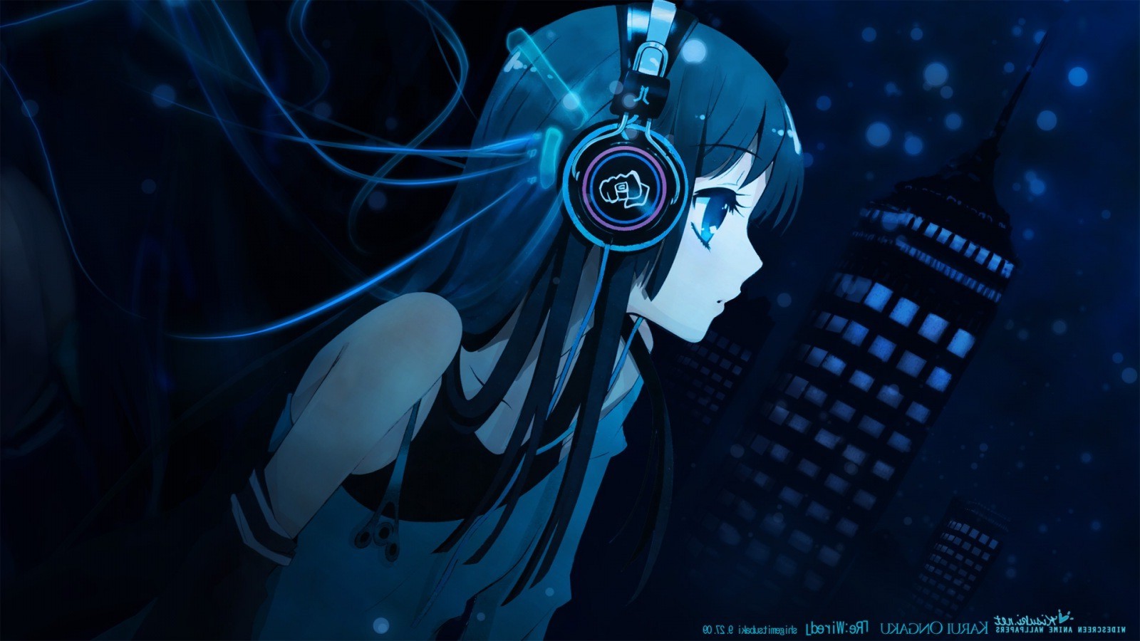 Anime girl with headphones in a city at night HD Wallpaper