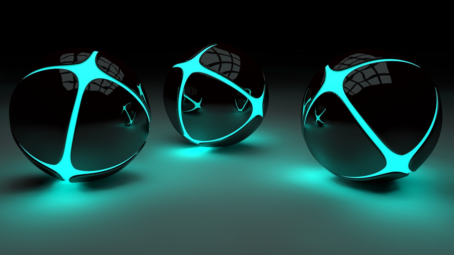 Three glowing spheres with cyan light patterns HD Wallpaper