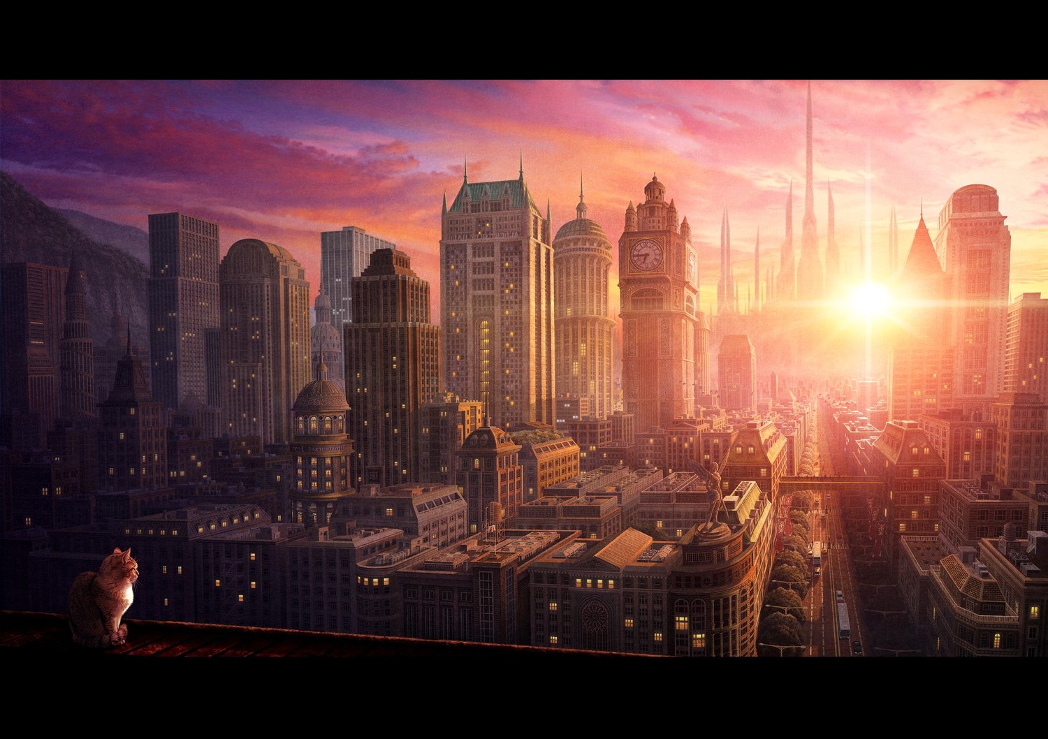 Cat on rooftop overlooking a futuristic city at sunrise HD Wallpaper