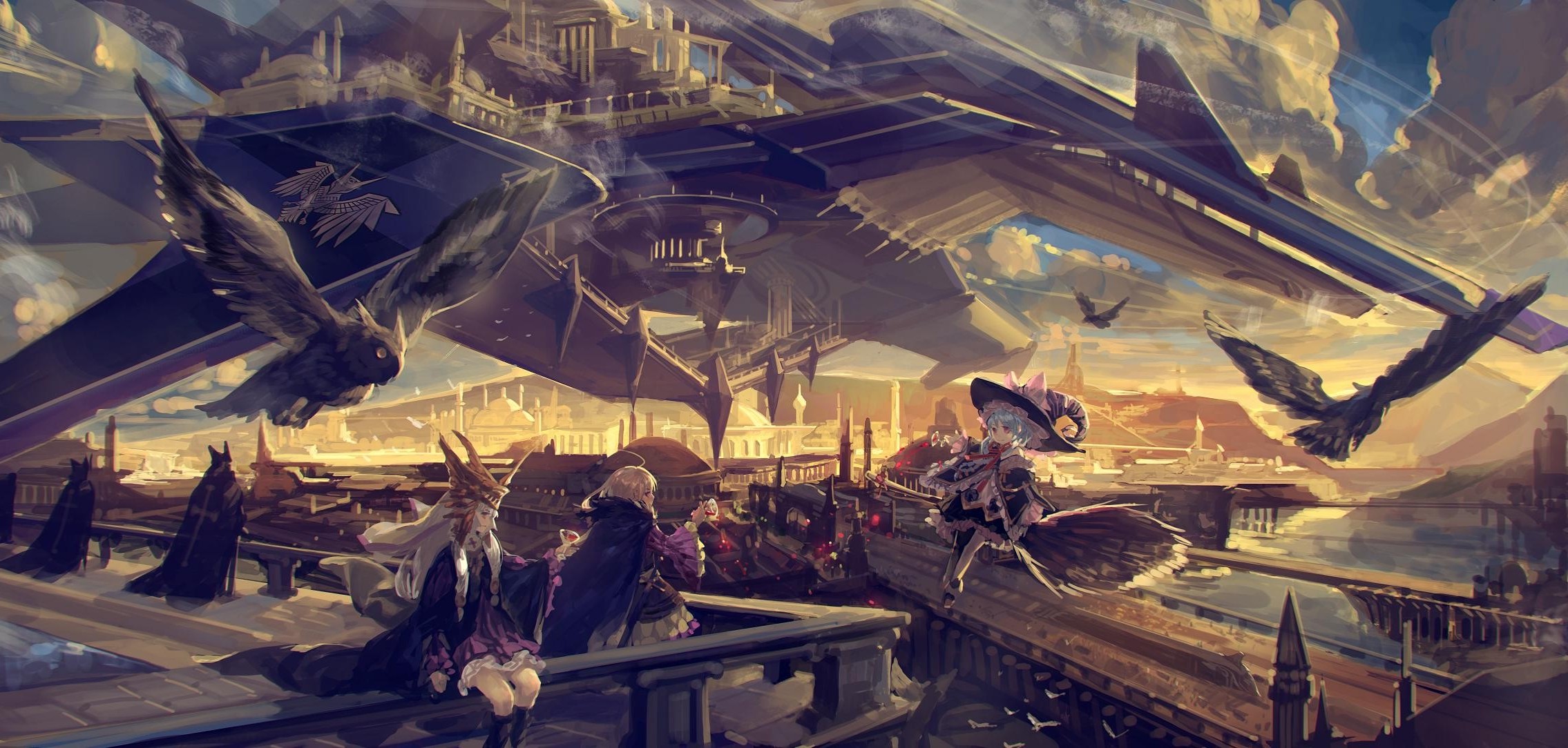 Anime girls and owls in a fantasy city HD Wallpaper