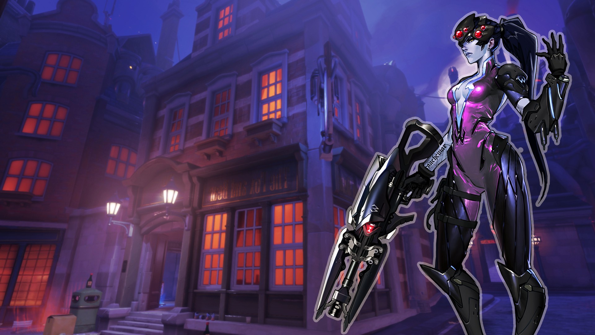 Widowmaker from Overwatch in a city at night HD Wallpaper