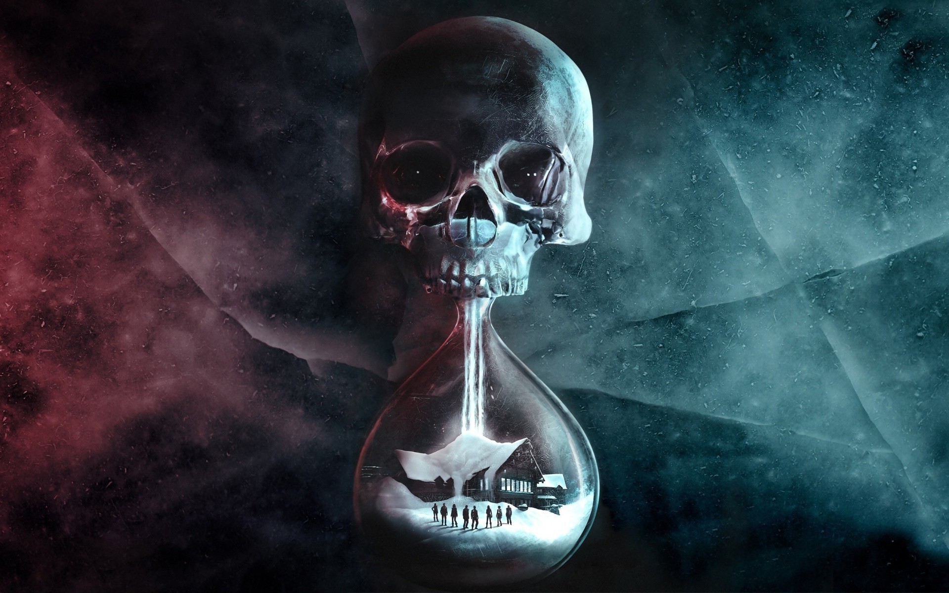Skull hourglass with people and house in snow HD Wallpaper
