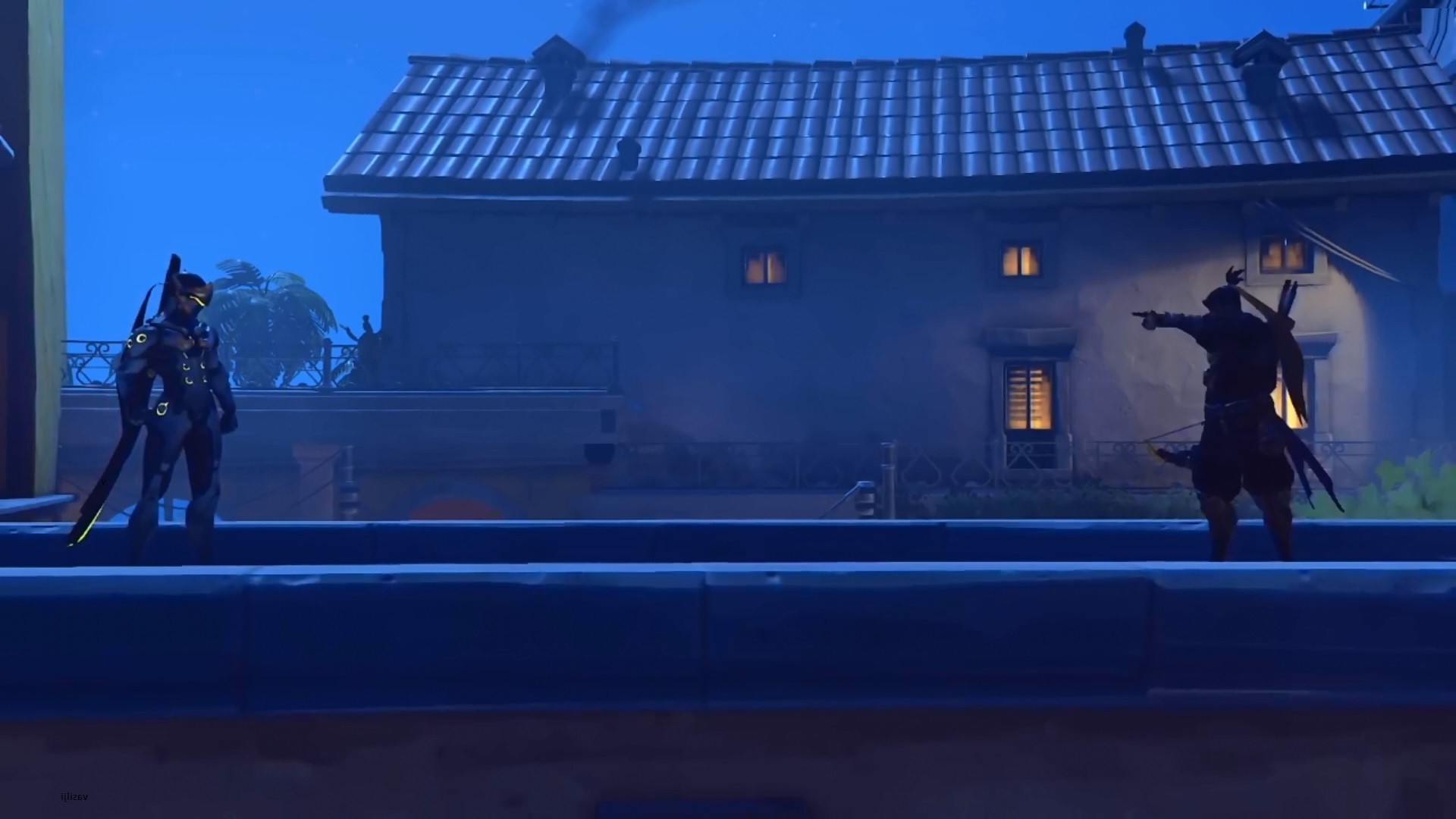 Genji and Hanzo from Overwatch on a rooftop at night HD Wallpaper
