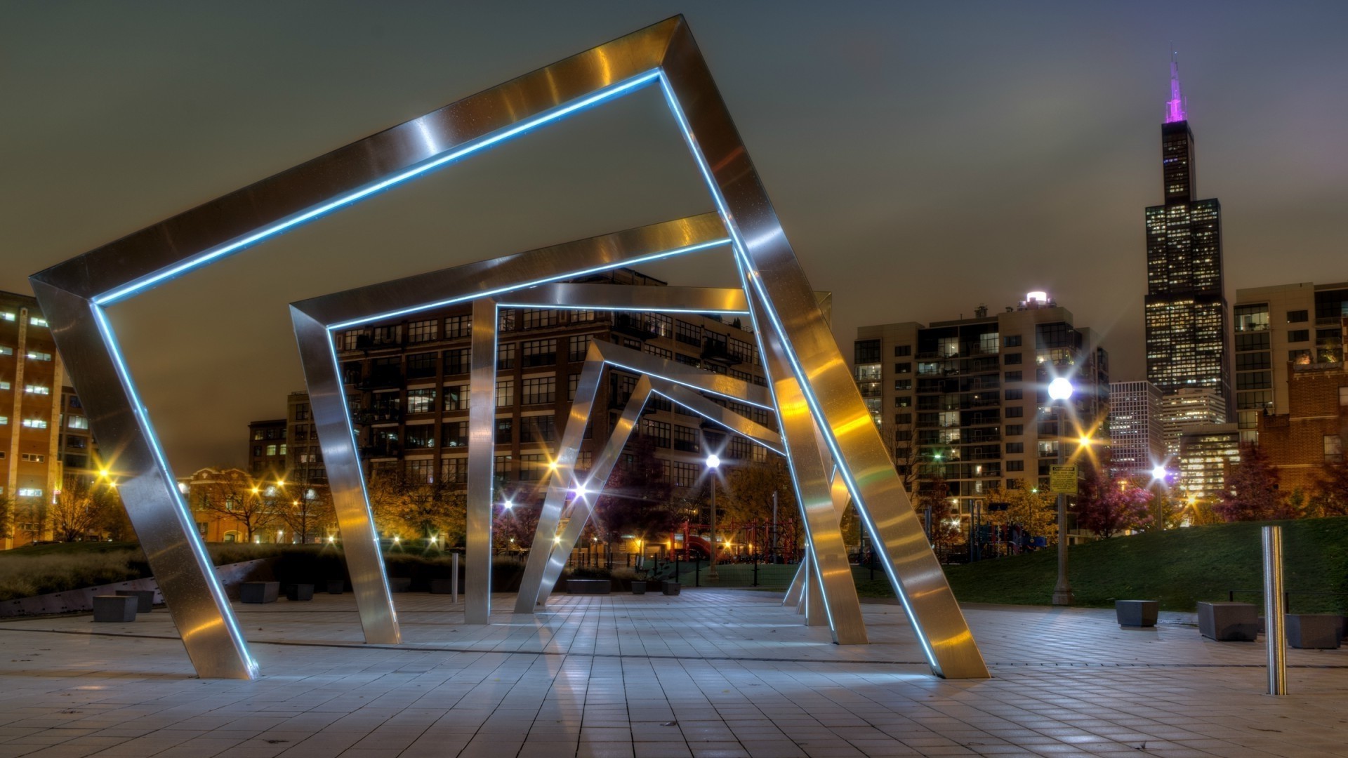 Chicago cityscape at night with modern sculpture HD Wallpaper