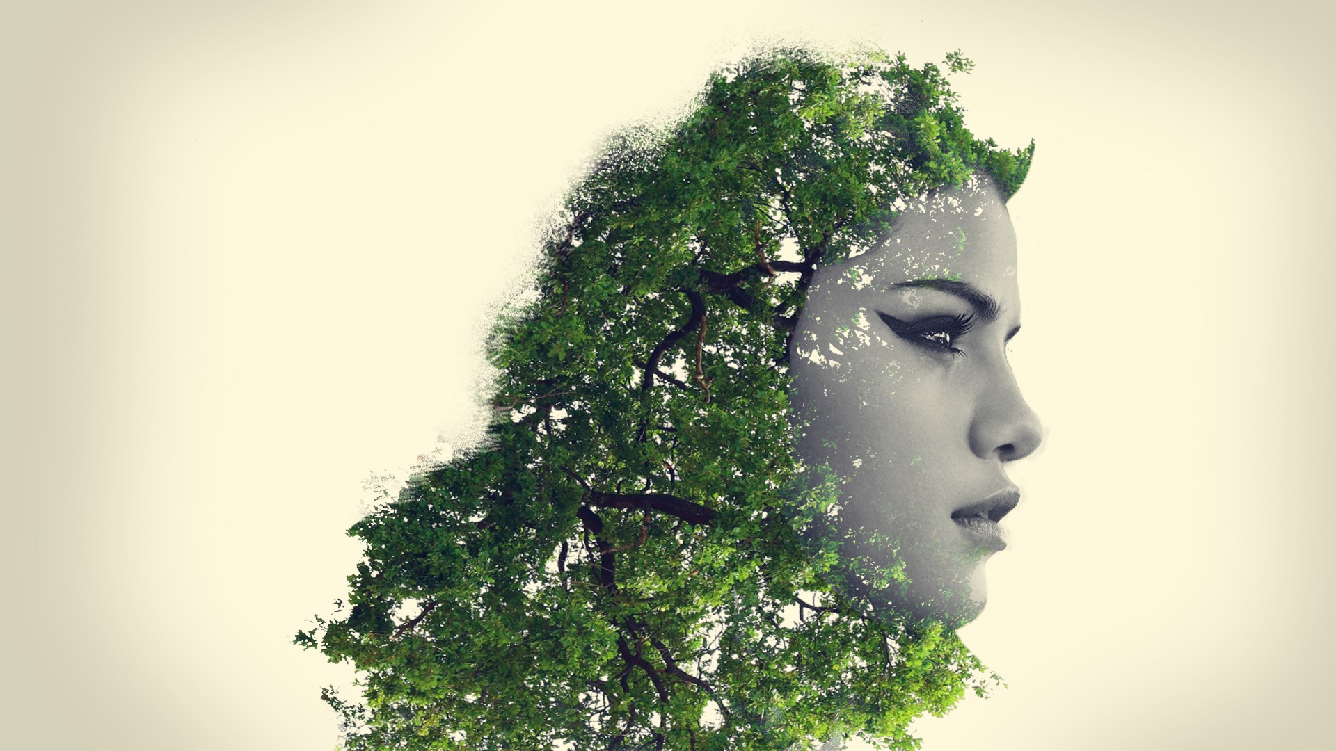 Double exposure of a woman's face and a tree HD Wallpaper