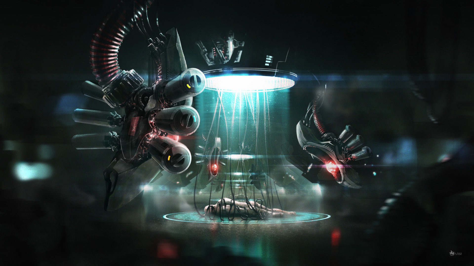 Futuristic machine with human in pod HD Wallpaper
