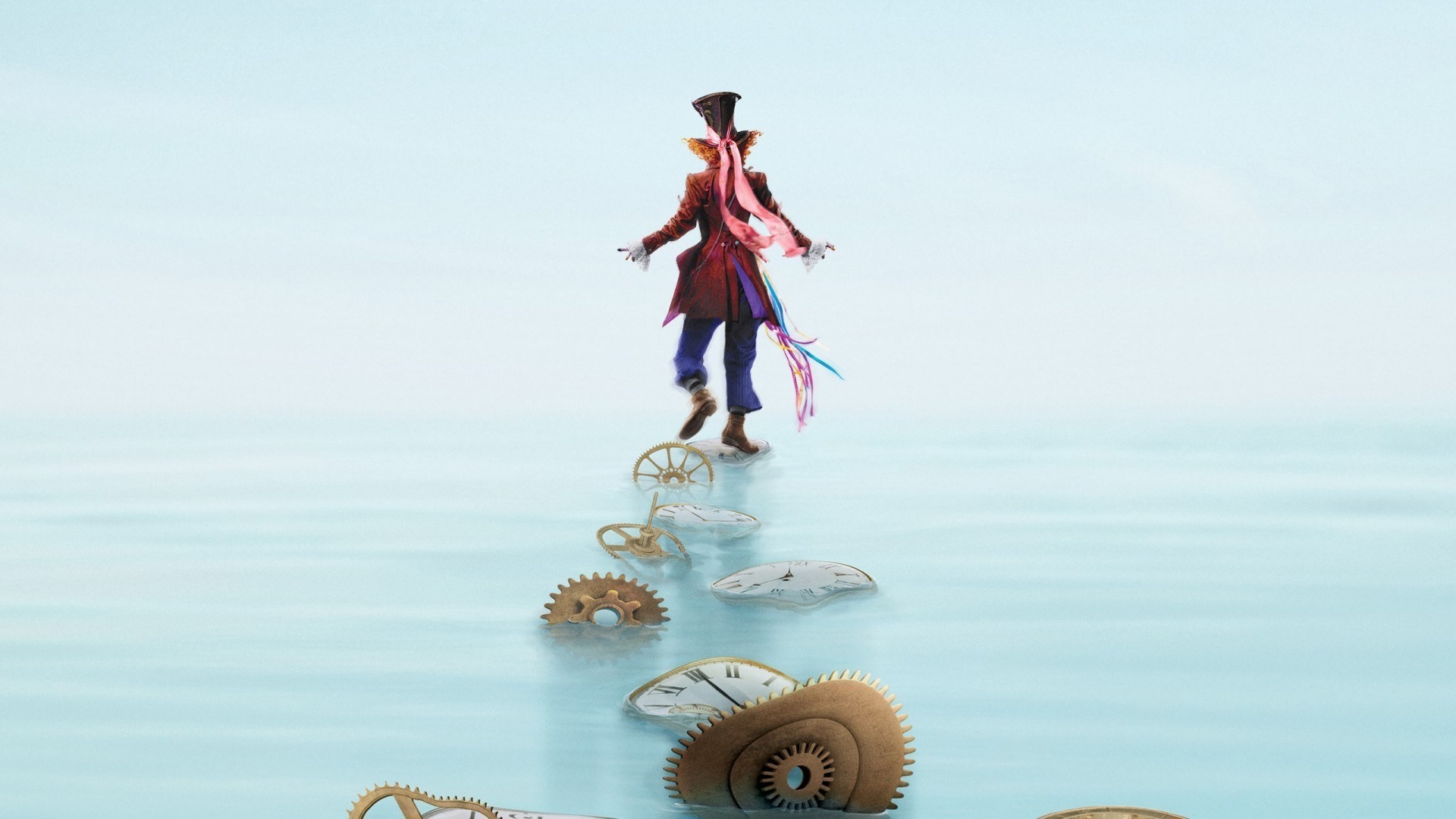 Mad Hatter Walking on Clockwork Gears over Water HD Wallpaper