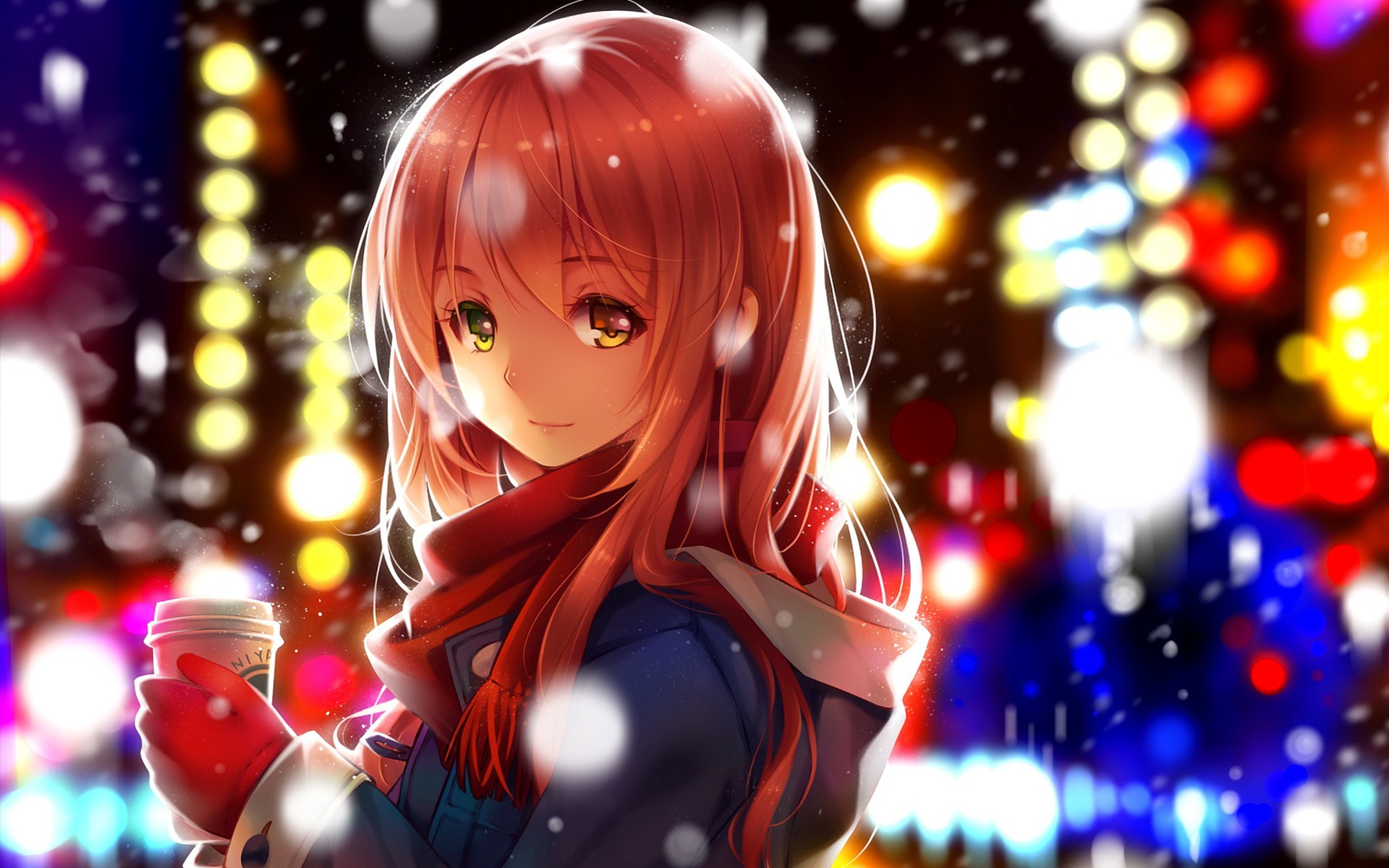Anime girl with coffee in winter city HD Wallpaper