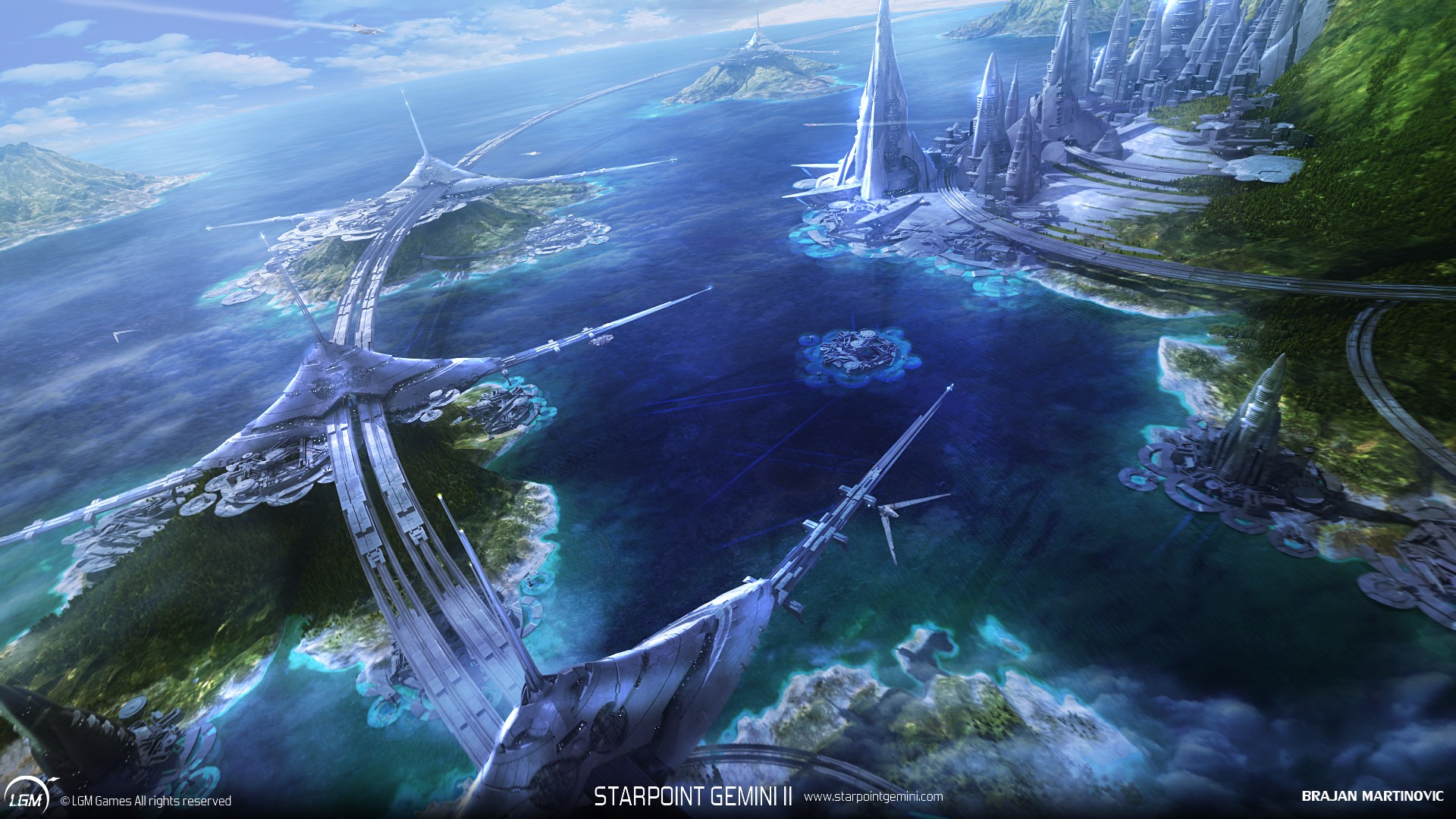 Starpoint Gemini II futuristic cityscape over the sea HD Wallpaper