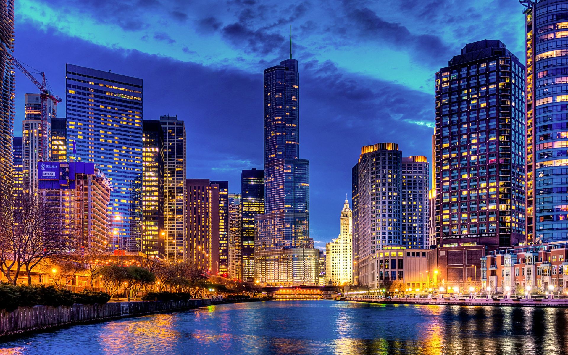 Chicago cityscape with skyscrapers and river at dusk HD Wallpaper