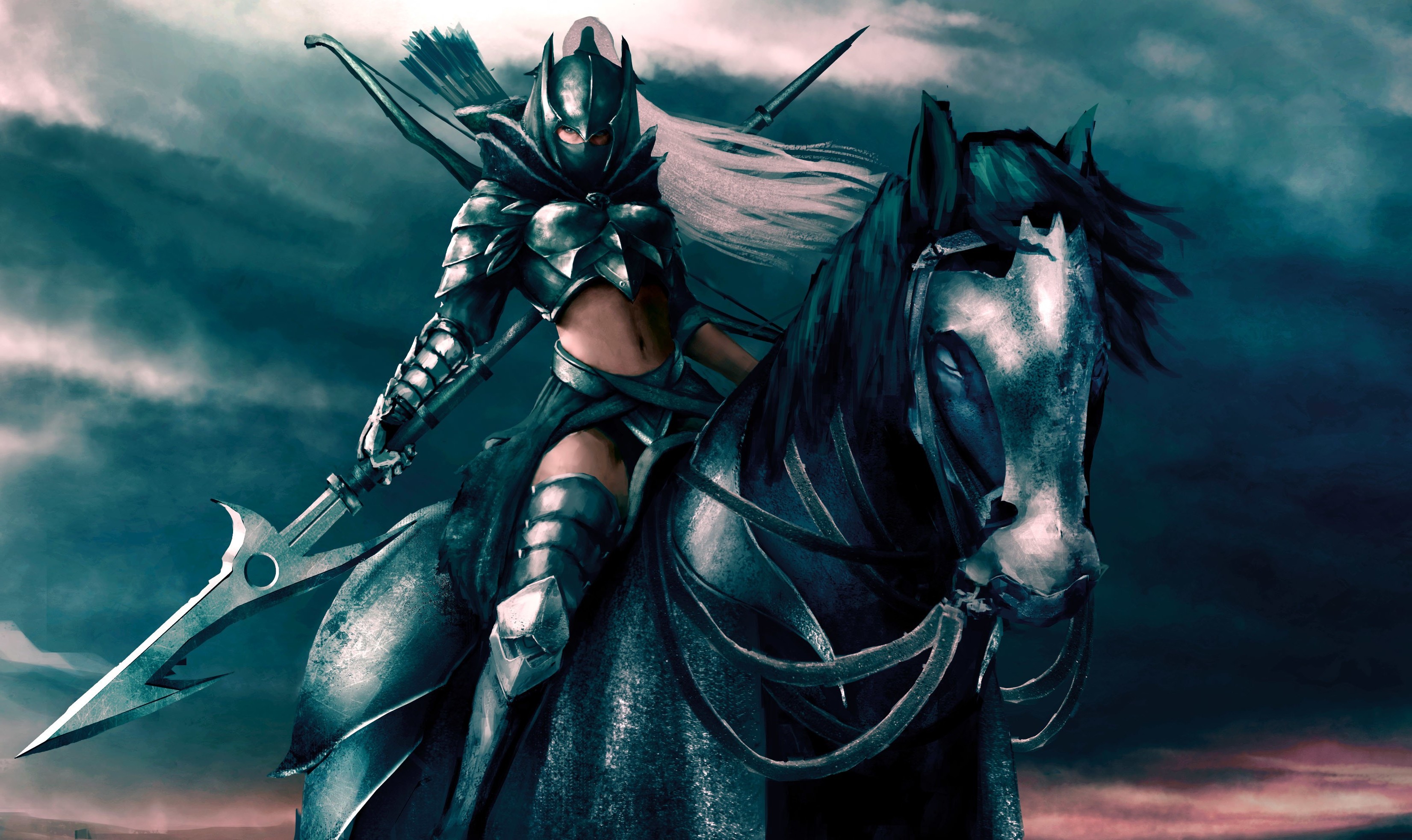 Fantasy warrior woman on horseback with bow and sword HD Wallpaper