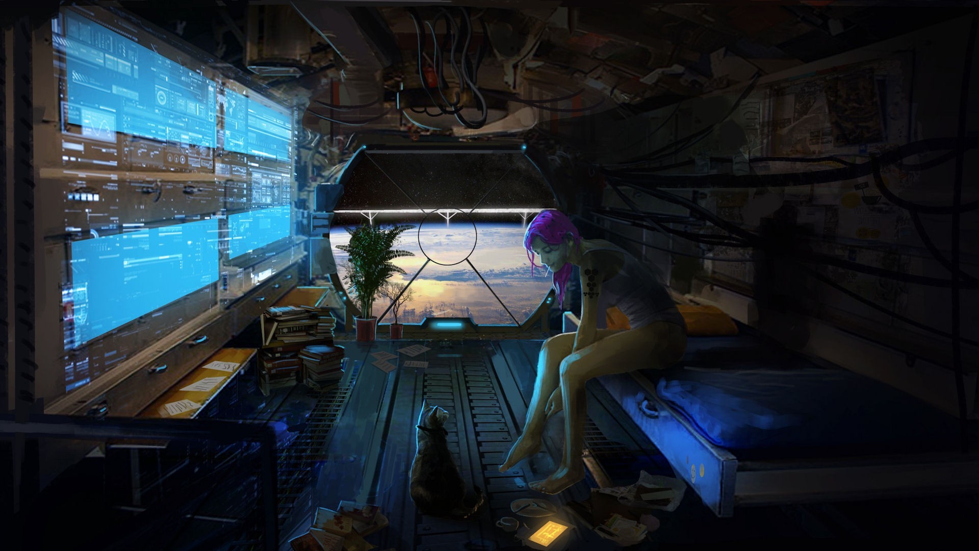 Woman with purple hair and cat in futuristic spaceship interior HD Wallpaper