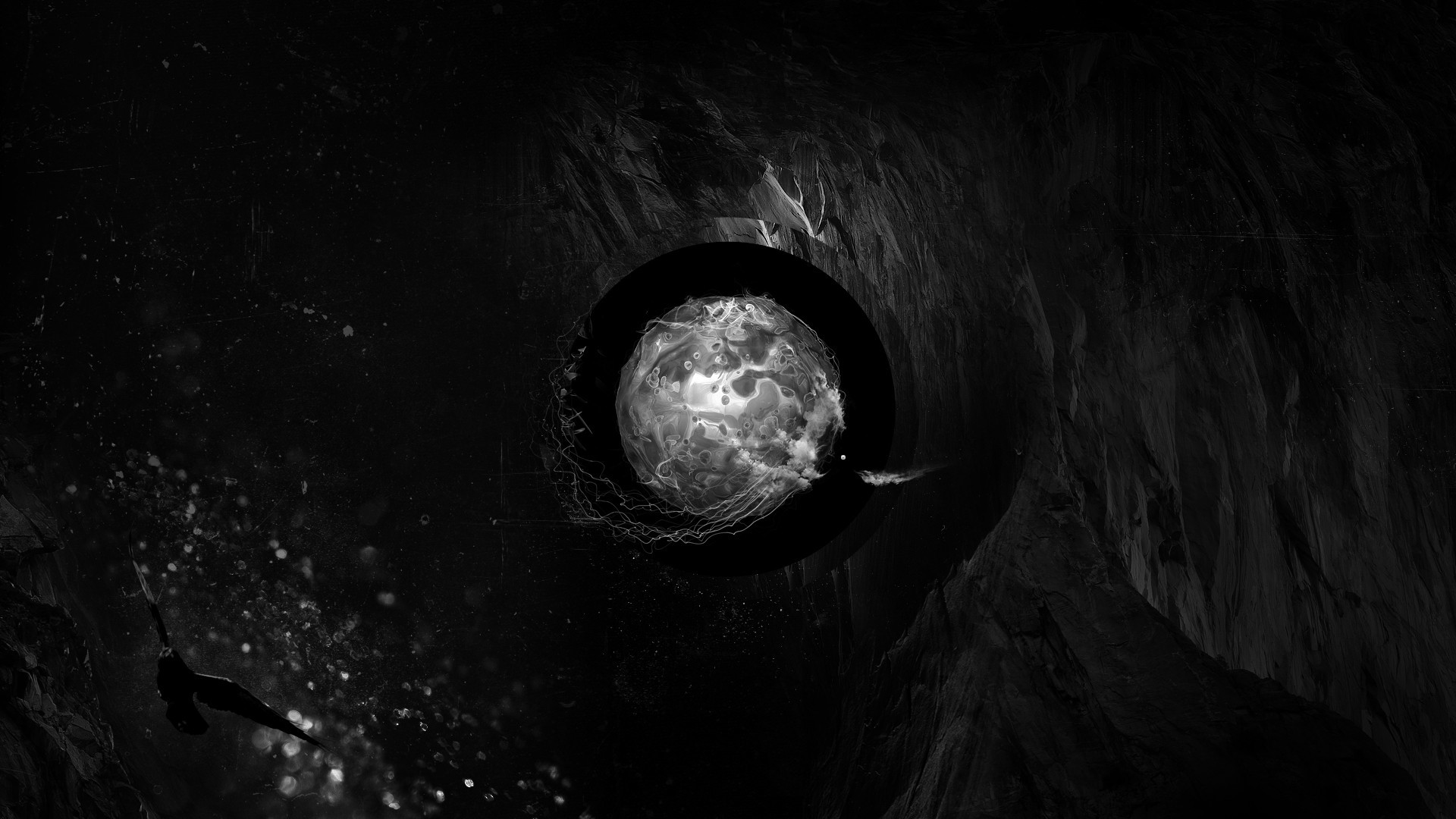 Abstract monochrome digital art with a glowing sphere HD Wallpaper
