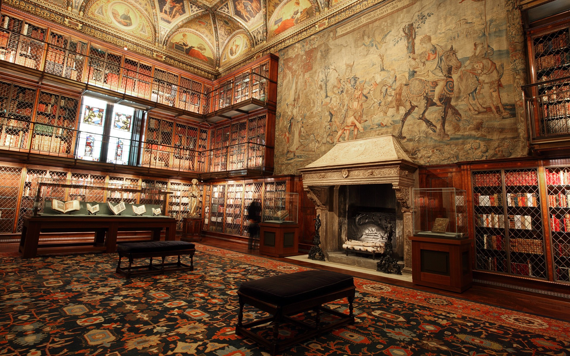 Library Interior with Tapestry and Fireplace HD Wallpaper
