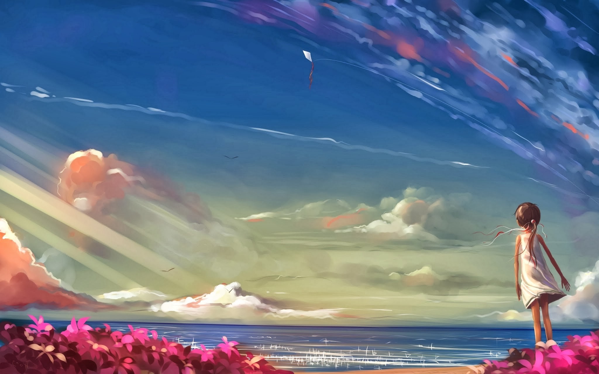 Anime girl flying a kite at the beach HD Wallpaper