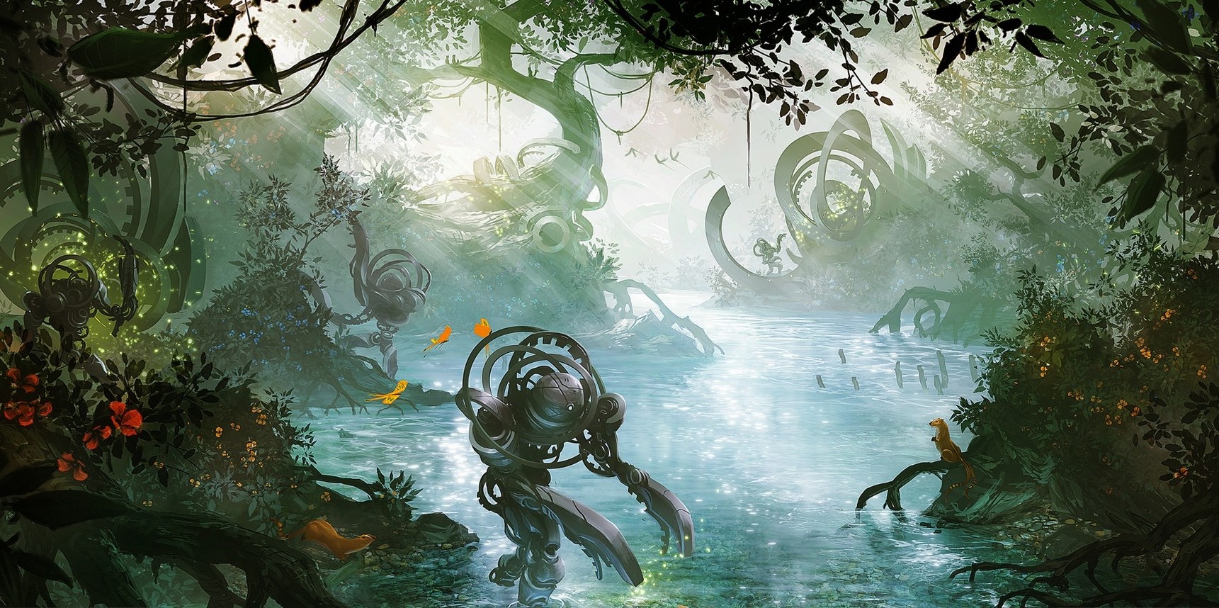 Fantasy art of robots and animals in a misty forest river HD Wallpaper