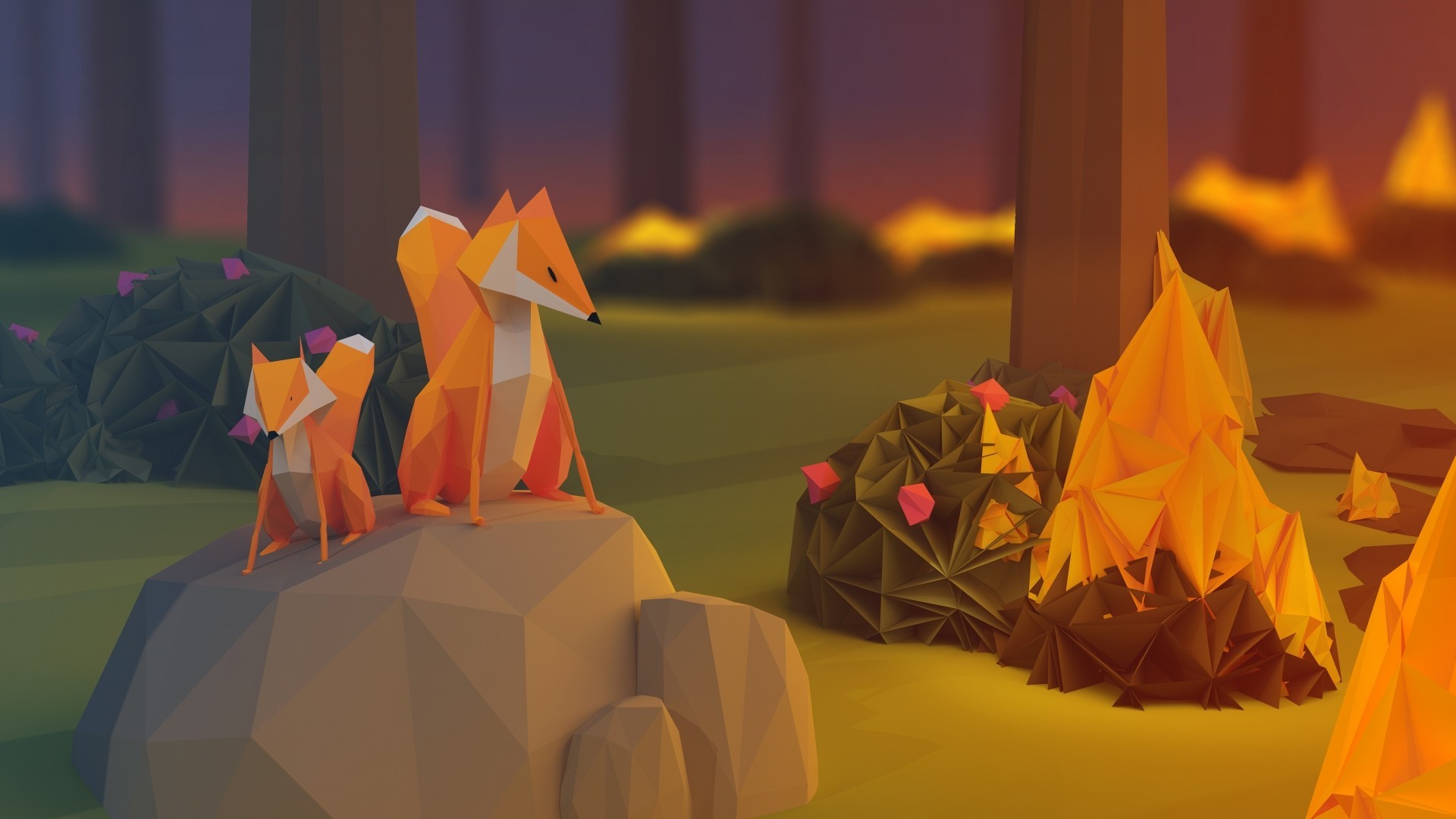 Low poly foxes near campfire in forest HD Wallpaper