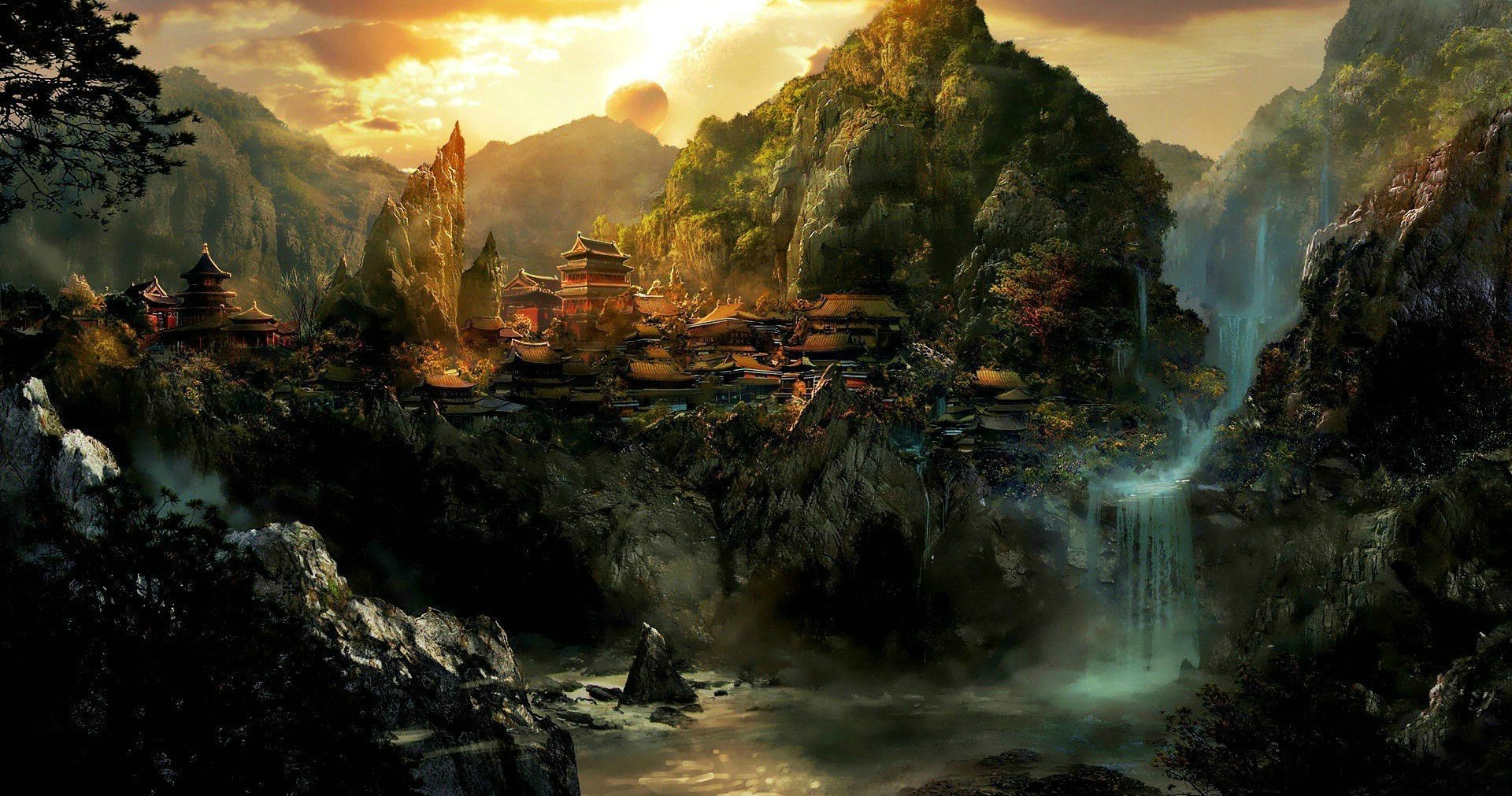 Fantasy mountain village with waterfalls at sunset HD Wallpaper