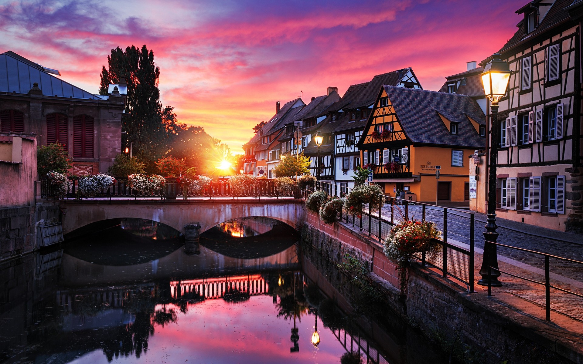 Colmar, France canal at sunset with HDR sky HD Wallpaper