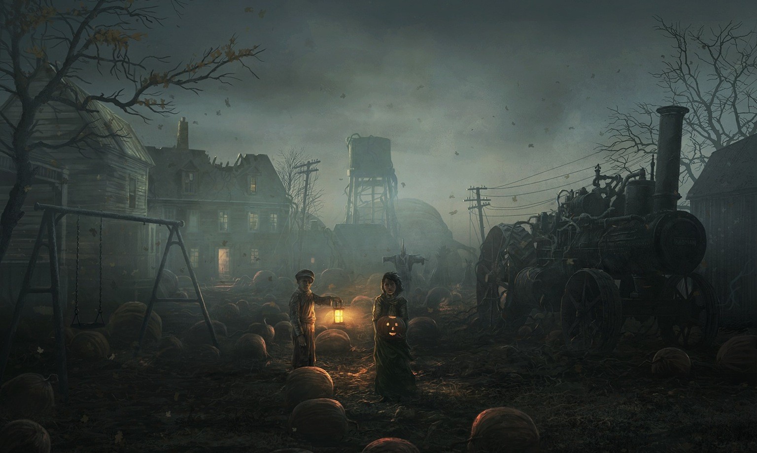 Spooky Halloween scene with children and pumpkins HD Wallpaper