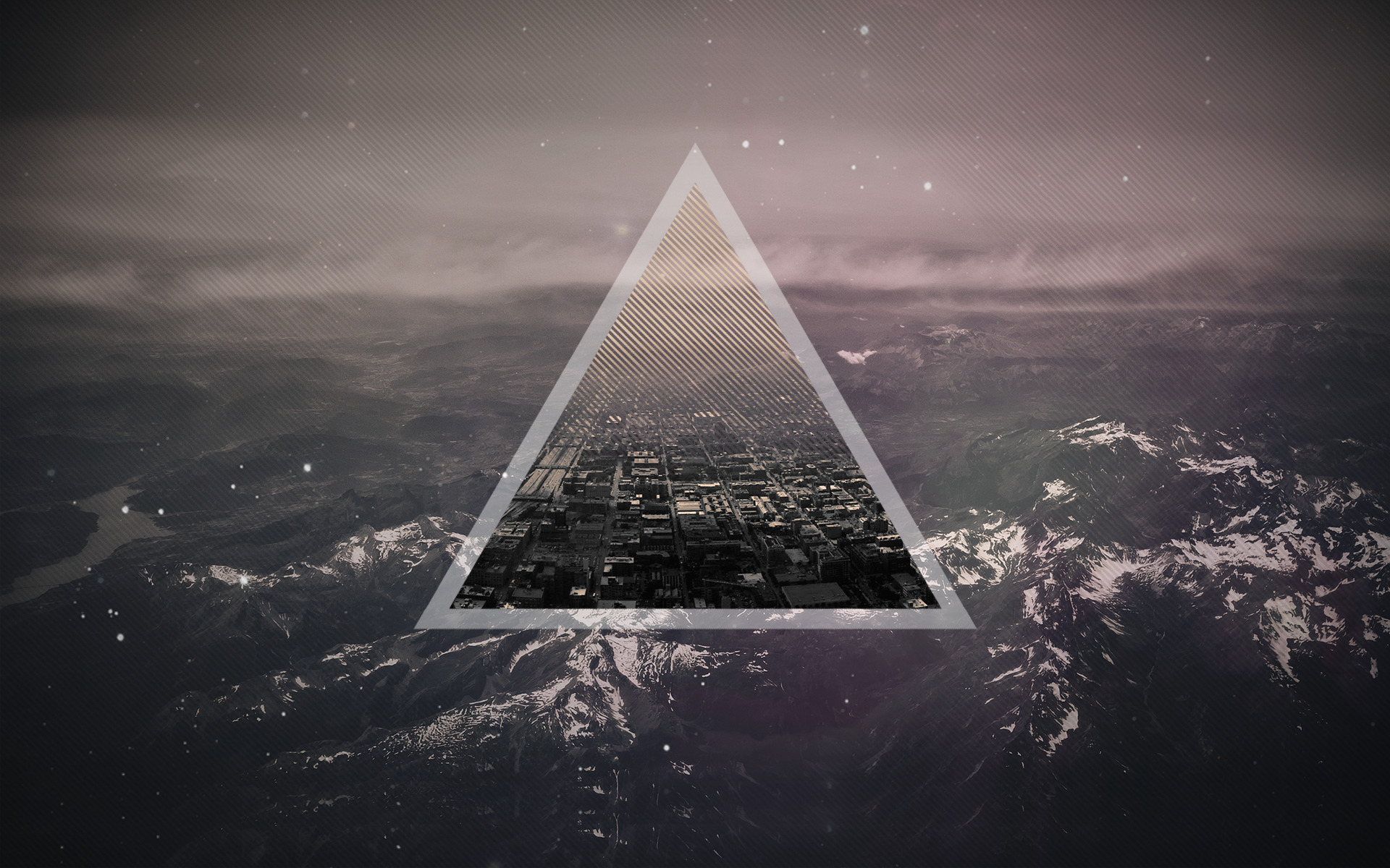 Geometric triangle overlay on mountain landscape with city HD Wallpaper