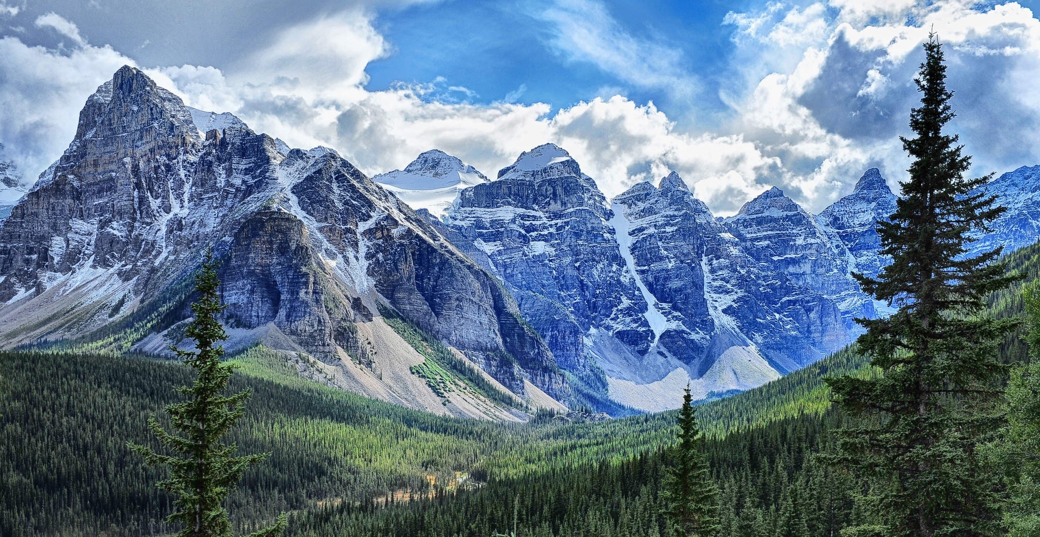 Snow-capped mountains and pine forest under cloudy sky HD Wallpaper