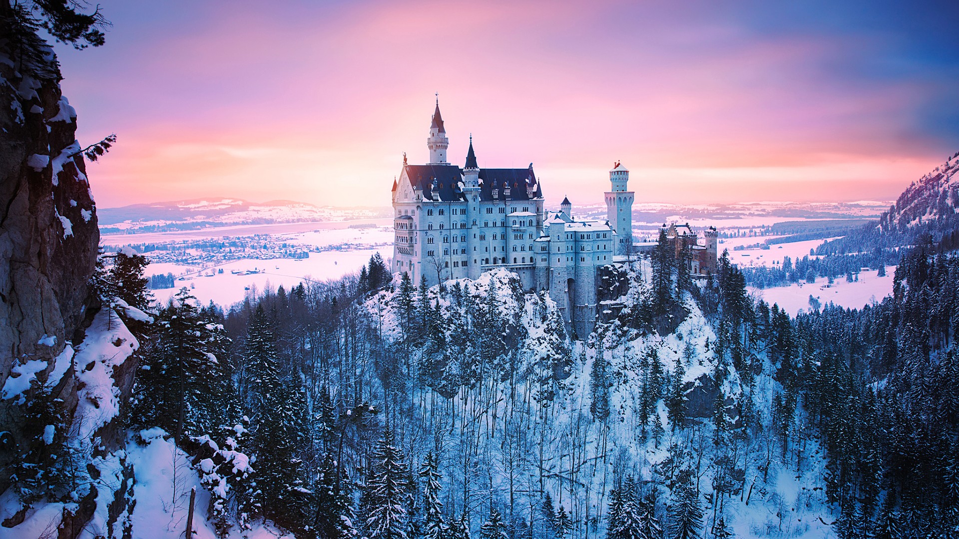 Neuschwanstein Castle in Winter at Sunset HD Wallpaper