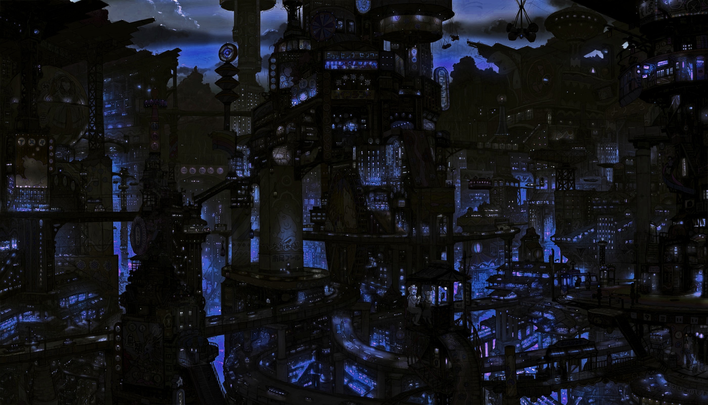 Dark futuristic city with blue lights HD Wallpaper