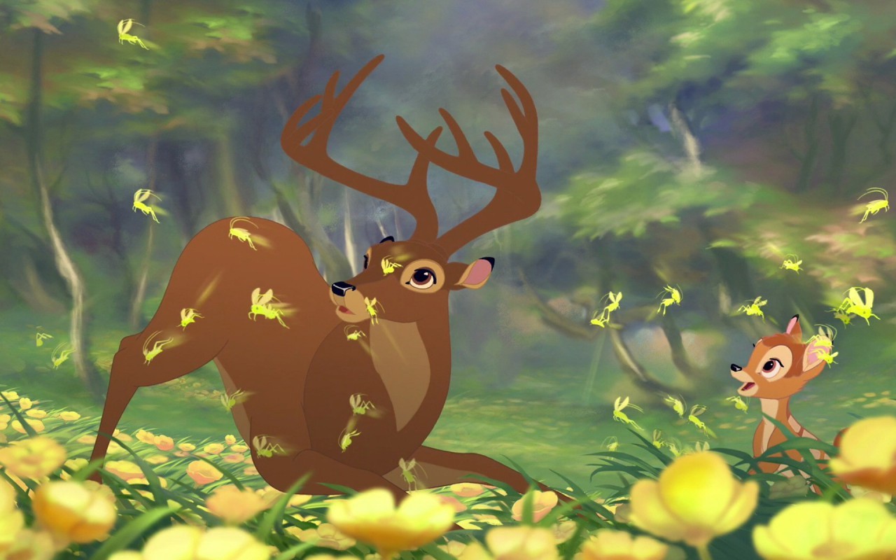 Bambi and Father Deer in a field of yellow flowers HD Wallpaper