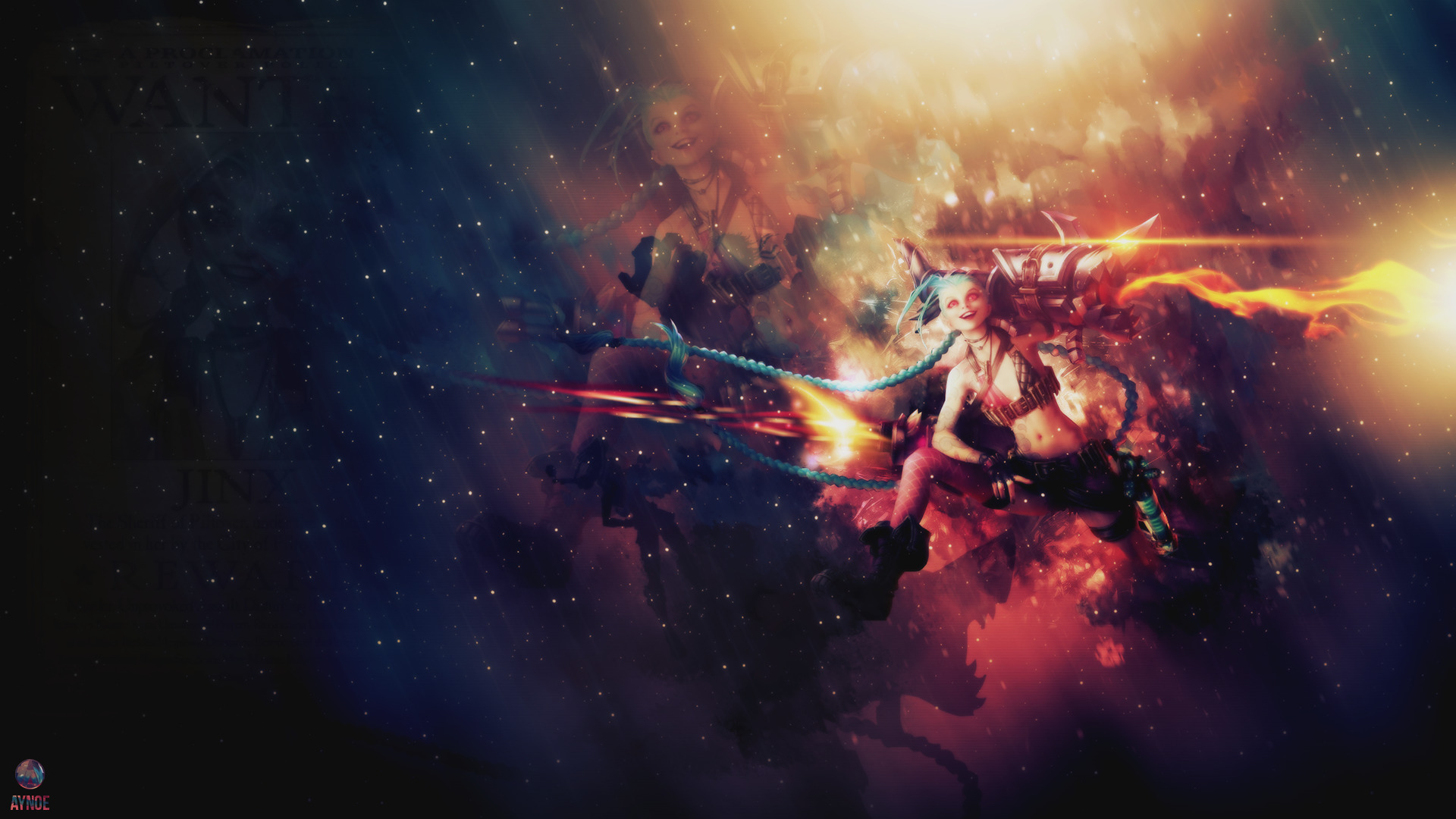 Jinx from League of Legends firing weapon in space HD Wallpaper