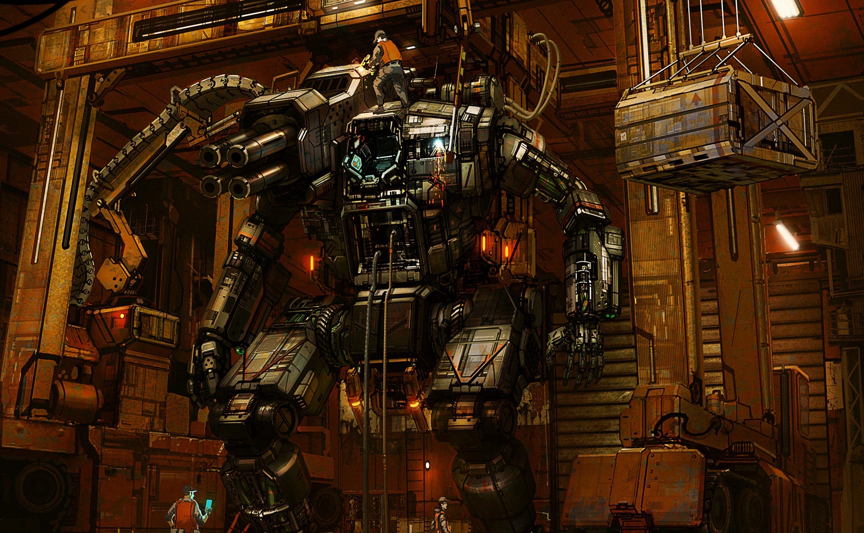 Giant mech being serviced in a hangar HD Wallpaper